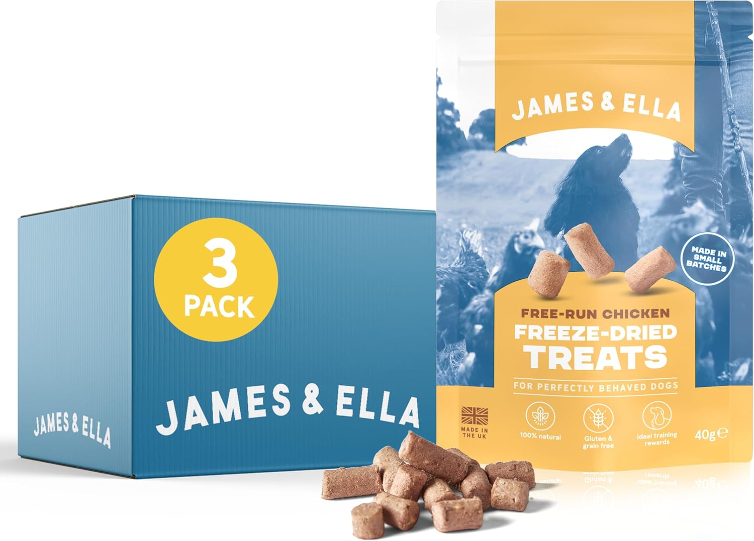 James & Ella Freeze-Dried Dog Treats (3 x 40g) ❘ Delicious Free Run Chicken Freeze-Dried Dog Treats, Packed with Protein, Essential Oils & Minerals for Happy, Healthy Dogs, Lightweight & Gluten Free