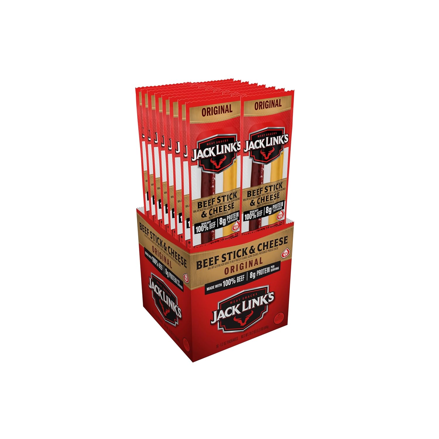 Jack Link's Original Beef & Cheese Combo Snack Pack – 100% Beef Stick and Cheese Stick Made with Real Wisconsin Cheese - 8g Protein and 140 Calories per serving, 1.2 oz. (Pack of 16)