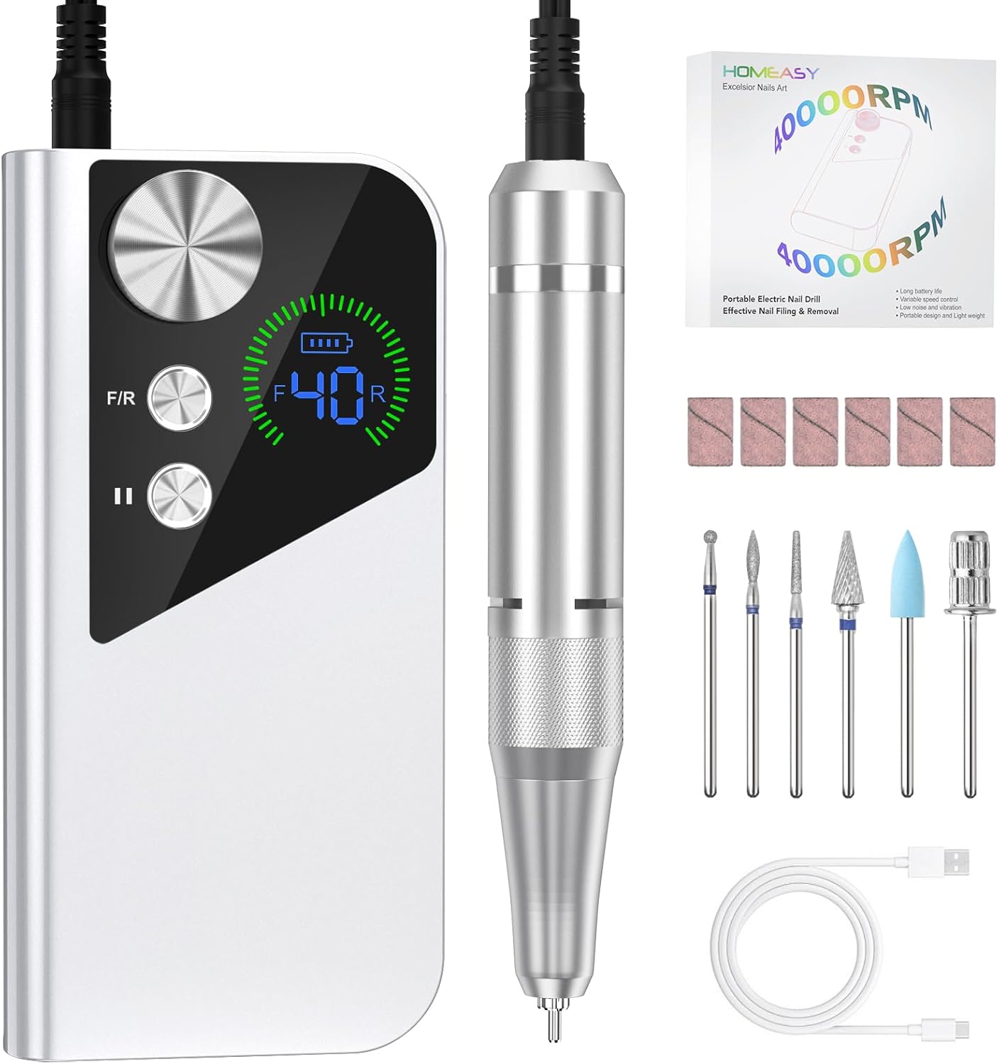 Electric Nail File, 40000RPM Professional Rechargeable Nail Drill, Portable Nail Drill Machine for Acrylic and Gel Nails, E File Manicure Pedicure Kit for Home Salon, White