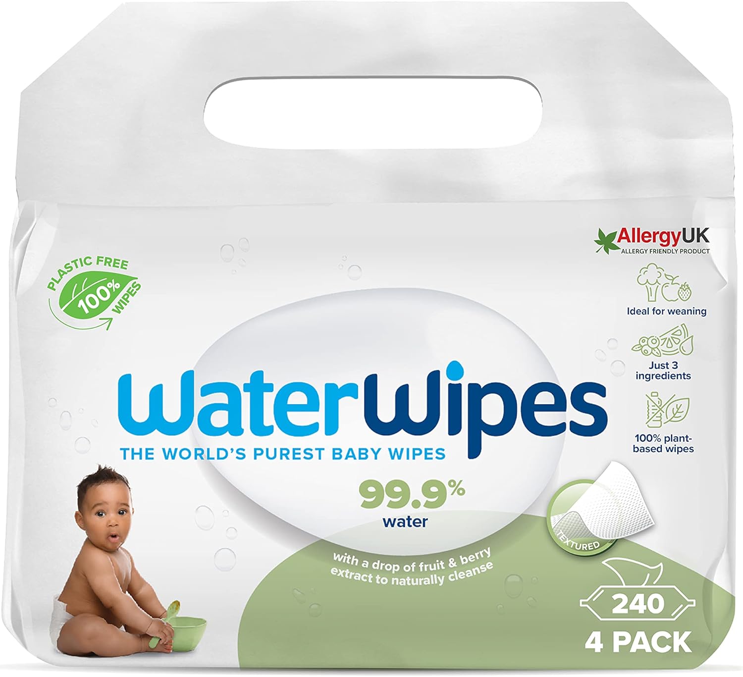 WaterWipes Textured Clean, Toddler & Baby Wipes, 240 Count (4 Packs), 99.9% Water Based Wipes, Unscented, For Sensitive Skin, Packaging May Vary