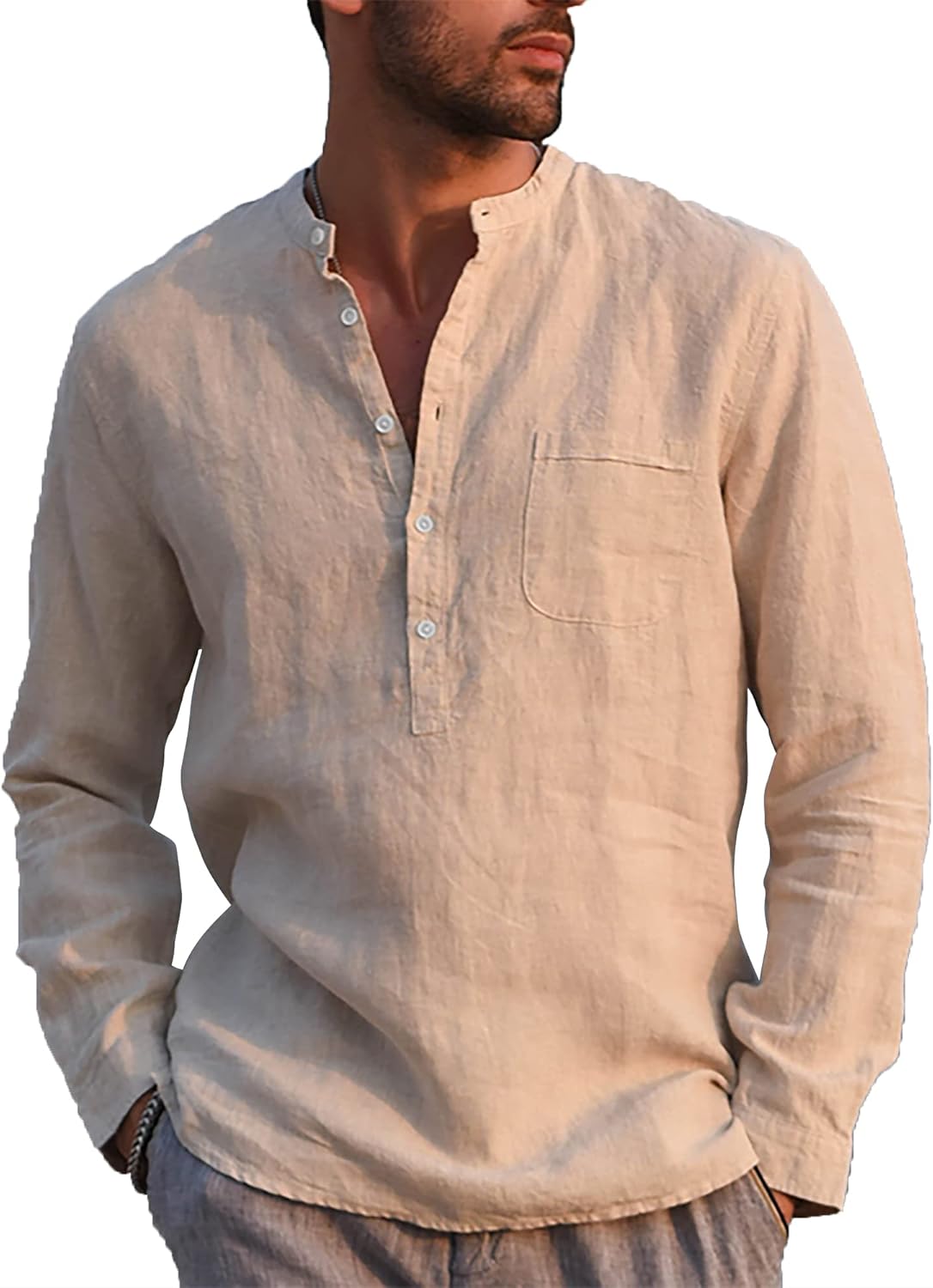 LVCBL Mens Casual Cotton Shirt Long Sleeve Band Collar Henley Shirt Tops