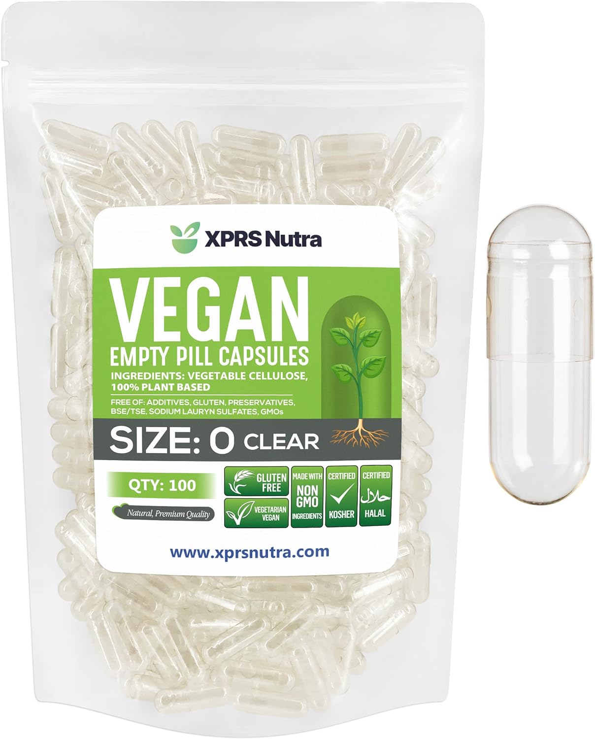 XPRS Nutra Size 0 Empty Capsules - 100 Clear Count Empty Vegan Capsules - Vegetarian Pill - DIY Vegetable Capsule Filling -Veggie Pills for Do-It-Yourself Supplements
