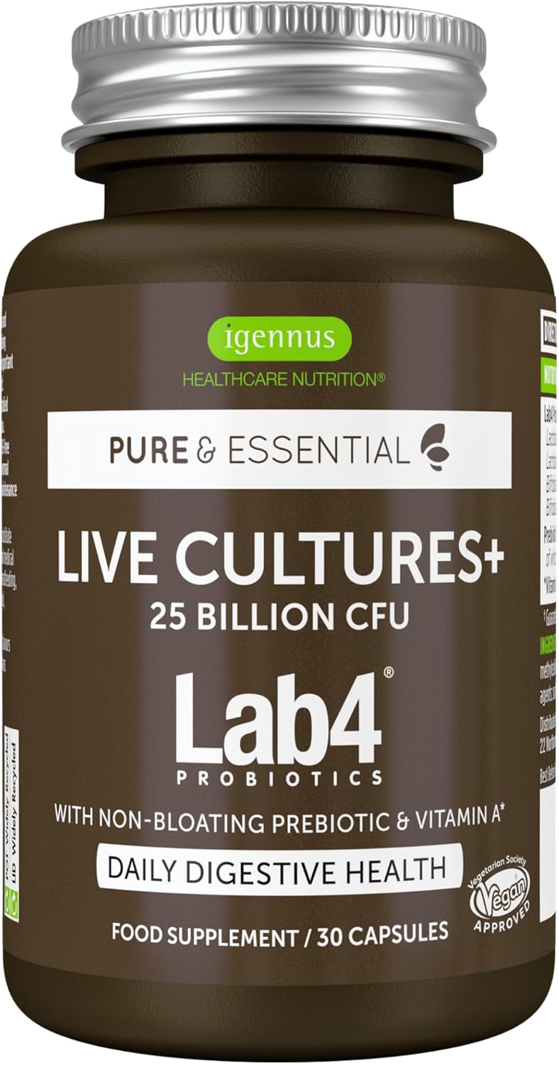 Igennus Probiotics & Prebiotic, Lactobacillus Acidophilus & Bifidobacterium, Live Cultures Complex for Gut Health, 25 Billion CFU, Vegan, Bloating Relief, for Women and Men, 30 Capsules, 1 a-Day
