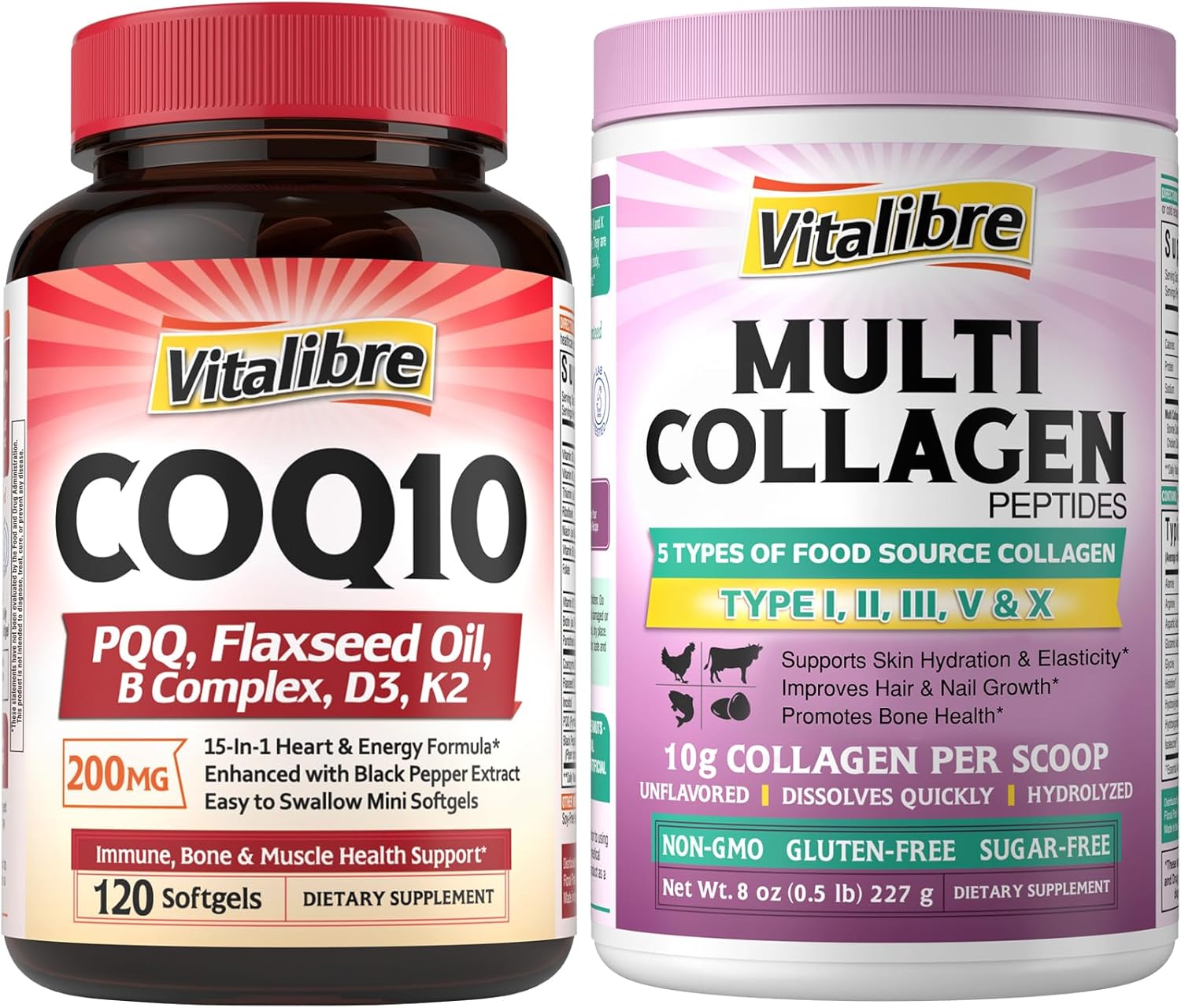 CoQ10 200mg, Ubiquinone with PQQ, Folate, Niacin, K2, D3, Black Pepper, Powerful Antioxidant, Energy Booster, 120 Softgels, and Multi Collagen Peptides Powder Type I II III V X, 8oz