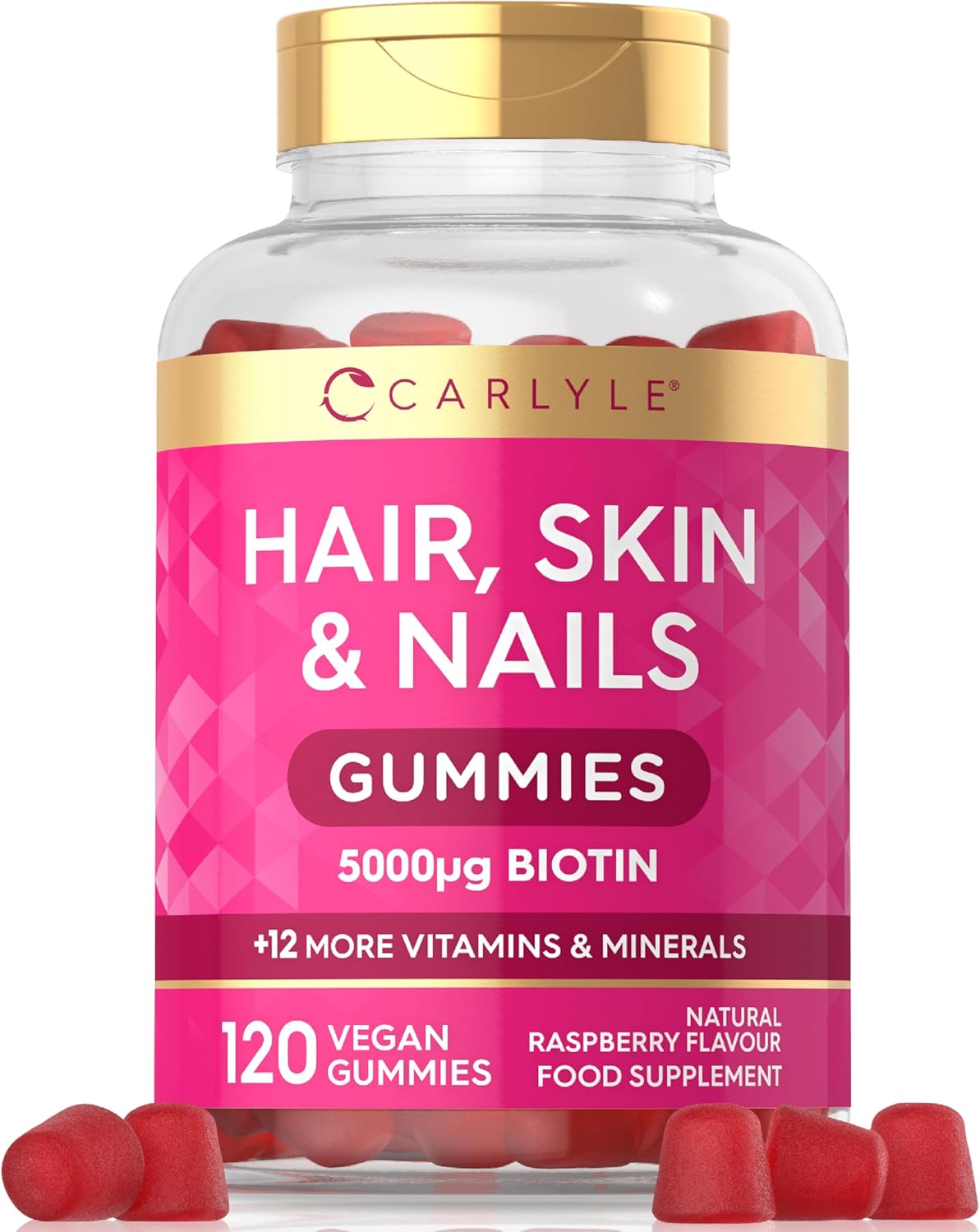 Hair Skin and Nails Gummies | 5000mcg Biotin | 120 Gummies | with Vitamins A, B12, B6, C, D, E & Zinc | Natural Raspberry Flavour | by Carlyle