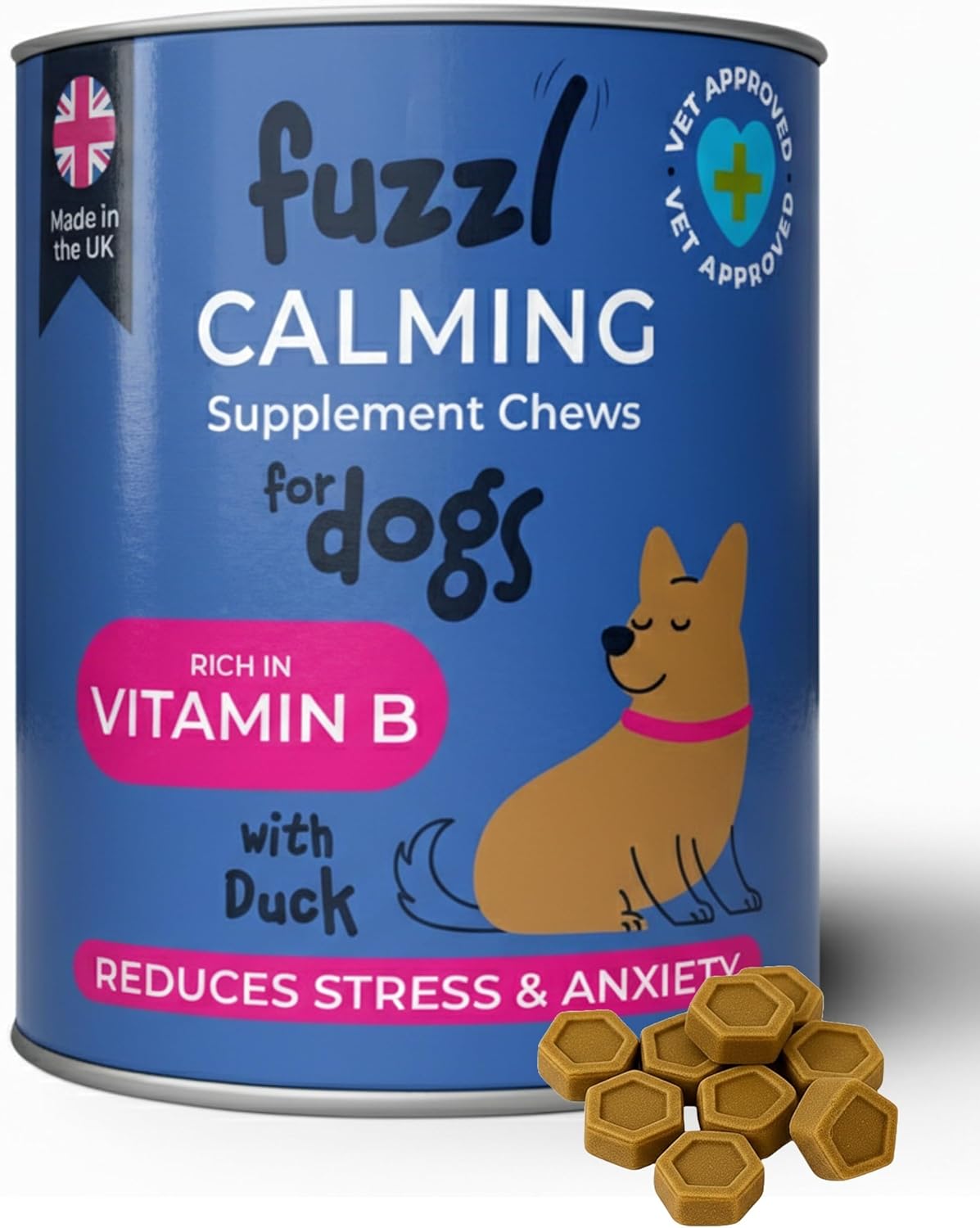 Fuzzl Calming Supplement Treats - Reduce Stress, Fear, barking, Aggresssion, Separation and Travel Anxiety - Made in UK Science Backed Vet Approved 30 Treats