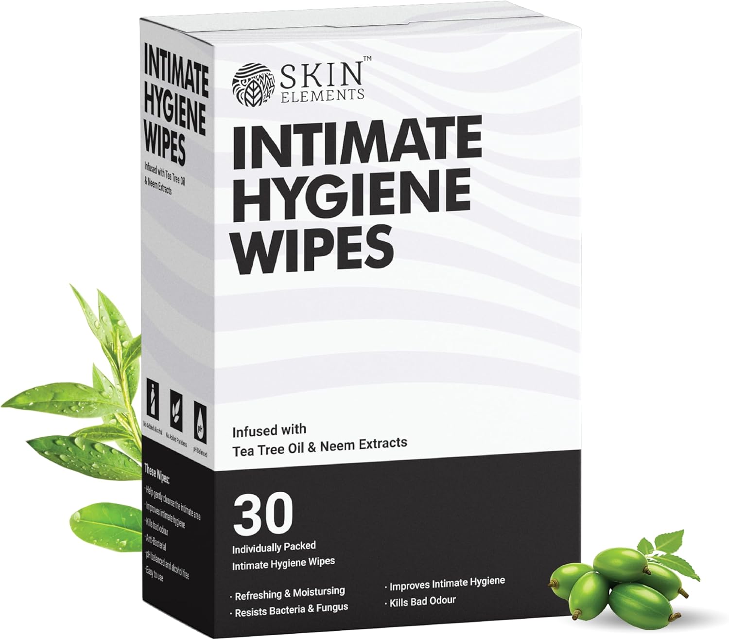 Skin Elements Intimate Hygiene Wet Wipes | Unisex | pH balanced | Tea Tree Oil & Neem Extracts | 30 Intimate Hygiene Wipes | For Pre and Post Intimacy (30 count (Pack of 1))