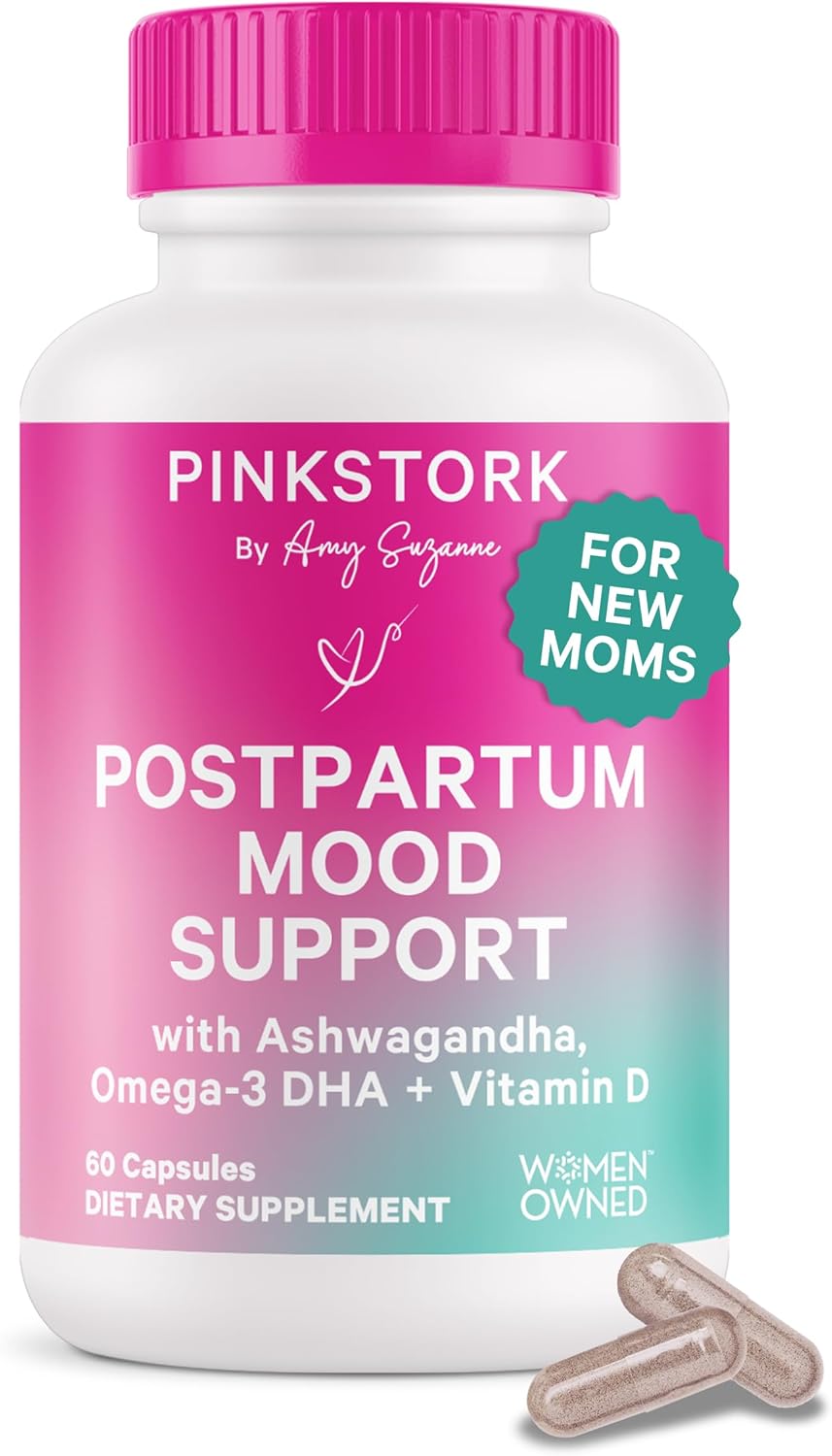 Pink Stork Postpartum Mood Support - Postnatal Hormone Balance for Women - Breastfeeding Friendly - Stress & Cognitive Support, New Mom Essentials - Ashwagandha, Chamomile, & Vitamin D, 60 Capsules