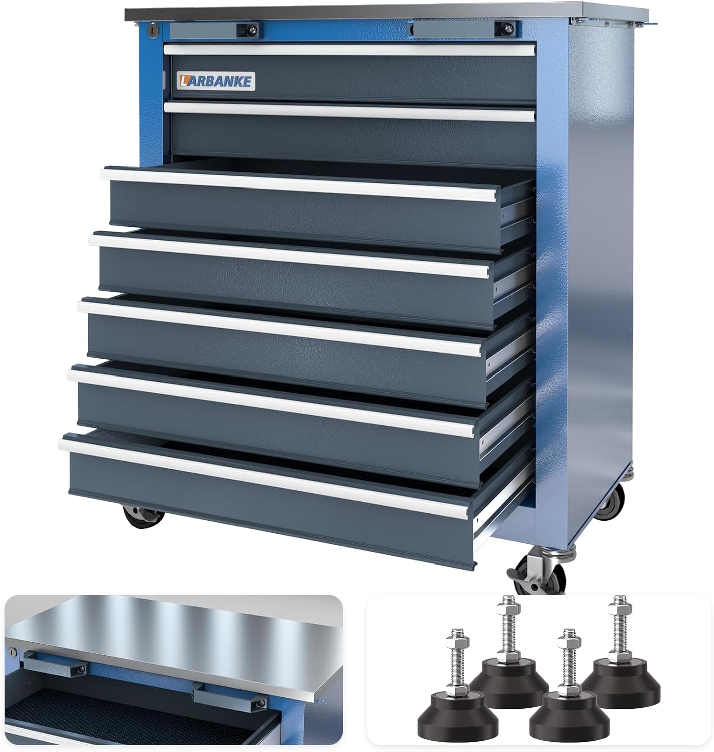 LARBANKE 7-Drawer Rolling Tool Chest, Toolbox with Lockable Wheels & Padded Feet, Drawer Liners & Keyed Locking System, Combination Storage System