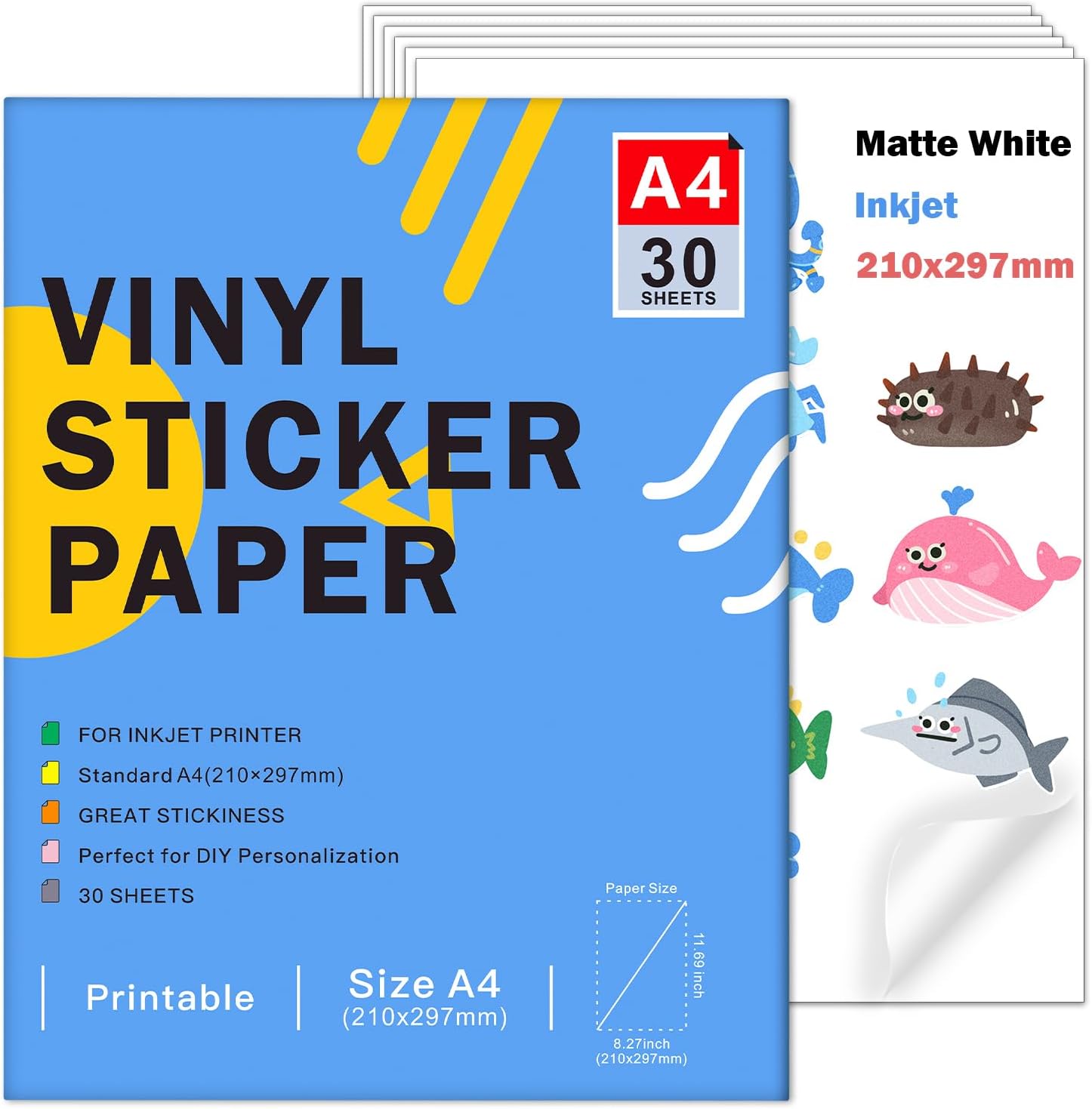Ruibytree Printable Matte Vinyl Sticker Paper for Inkjet Printer - A4 Size (297 x 210 mm) Waterproof Self-Adhesive Sticker Compatible with Cricut, Vivid Colors (30 Sheets)