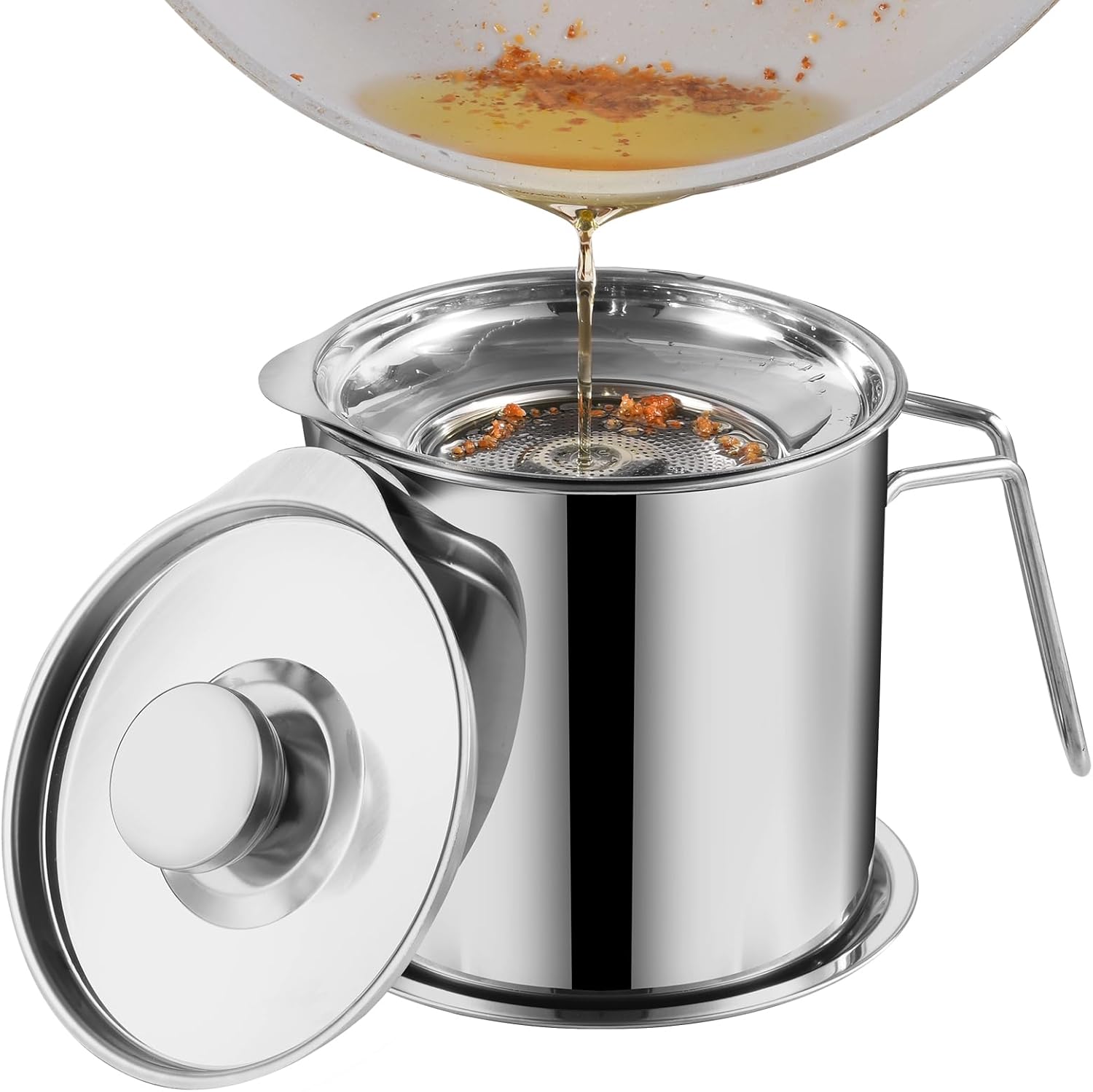 DIY HOME Grease Container, 1.8L / 61fl oz Oil Storage Strainer Oil Filter with Fine Mesh Strainer 304 Stainless Steel Grease Can For Kitchen Fat Storage