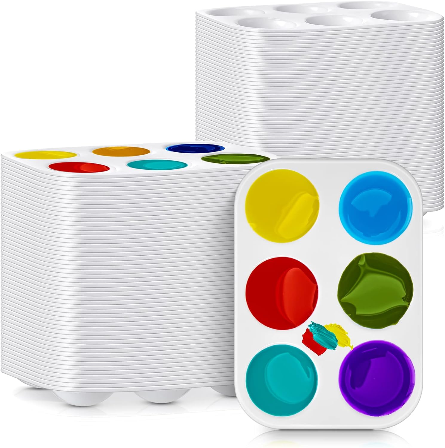 Thenshop 100 Pcs White Plastic Paint Palette 6 Well Watercolor Palette Rectangular Paint Tray Palette Mixing Palette for Kids Student Adult DIY Craft Art Acrylic Painting