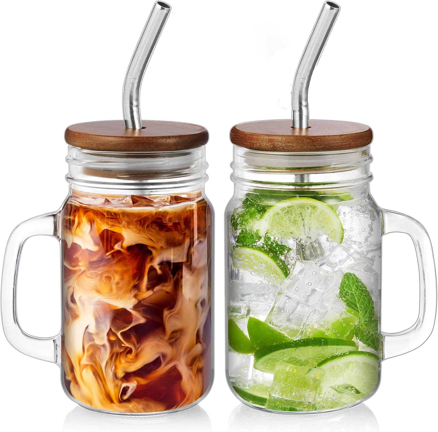 DRASTAR Iced Coffee Cup, 16 oz Mason Jar Cups with Handle, Small Glass Coffee Mugs with Straws and Acacia Lids, Drinking Glass Cups Set of 2, Smoothie, Overnight Oats Containers