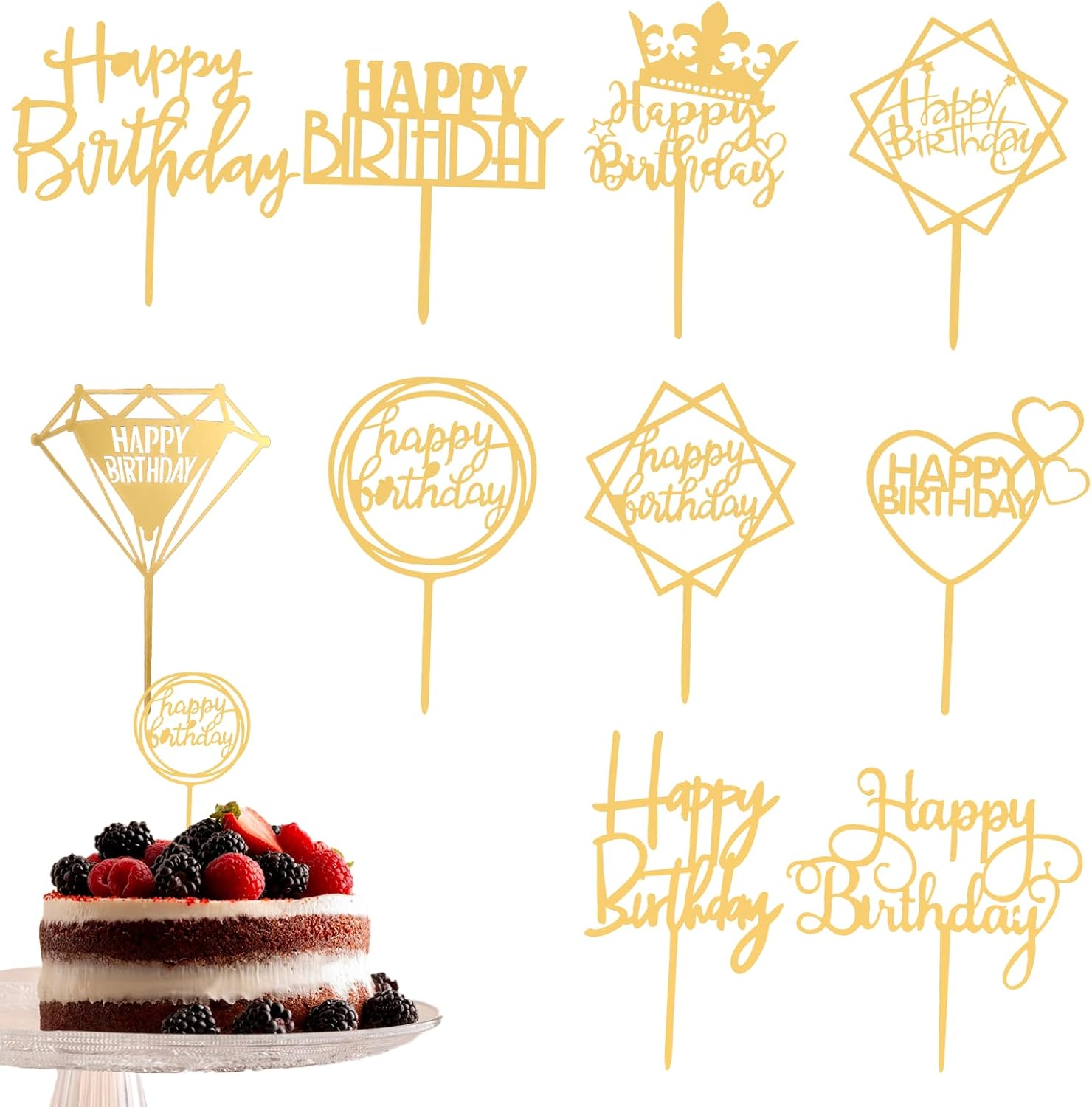 20pcs Happy Birthday Cake Toppers,10 Different Shapes Gold Acrylic Cake Toppers for Decorations Glittering Cupcake for Birthday Event Party Supplies