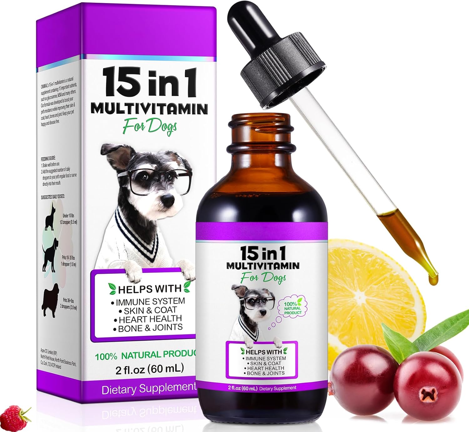 Dog vitamins and supplements, 15 in 1 Dog Multivitamin Drops, 60ml multivitamin for dogs, Helps with Immune System, Skin and Coat, Gut Health and Heart Health Digestion