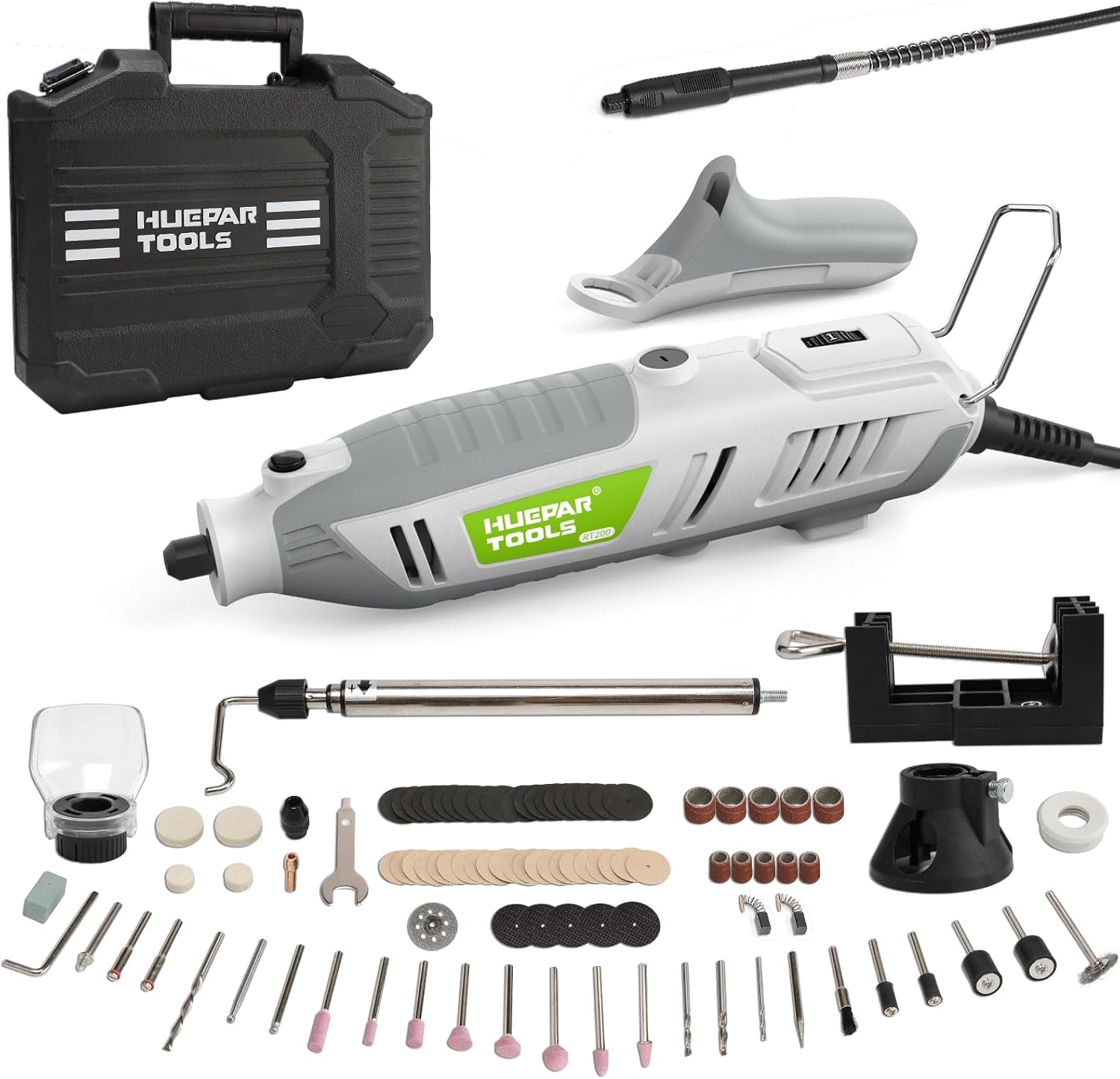 Huepar Tools 200W Rotary Tool, Multi Tool Kit with 222pcs Accessories and 5pcs Attachment, 6 Variable Speed 10,000-40,000 RPM for DIY Repairs&Craftwork Projects(Cutting, Sanding, Polishing, Drilling)