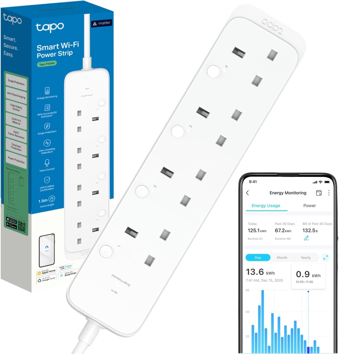 Tapo P304M Smart Plug Power Strip, Energy Monitoring, MATTER Certified, Surge Protection, Zero-Crossing Detection, Remote Control, Voice Control with Apple Alexa Google, Schedule and Timer, Away Mode