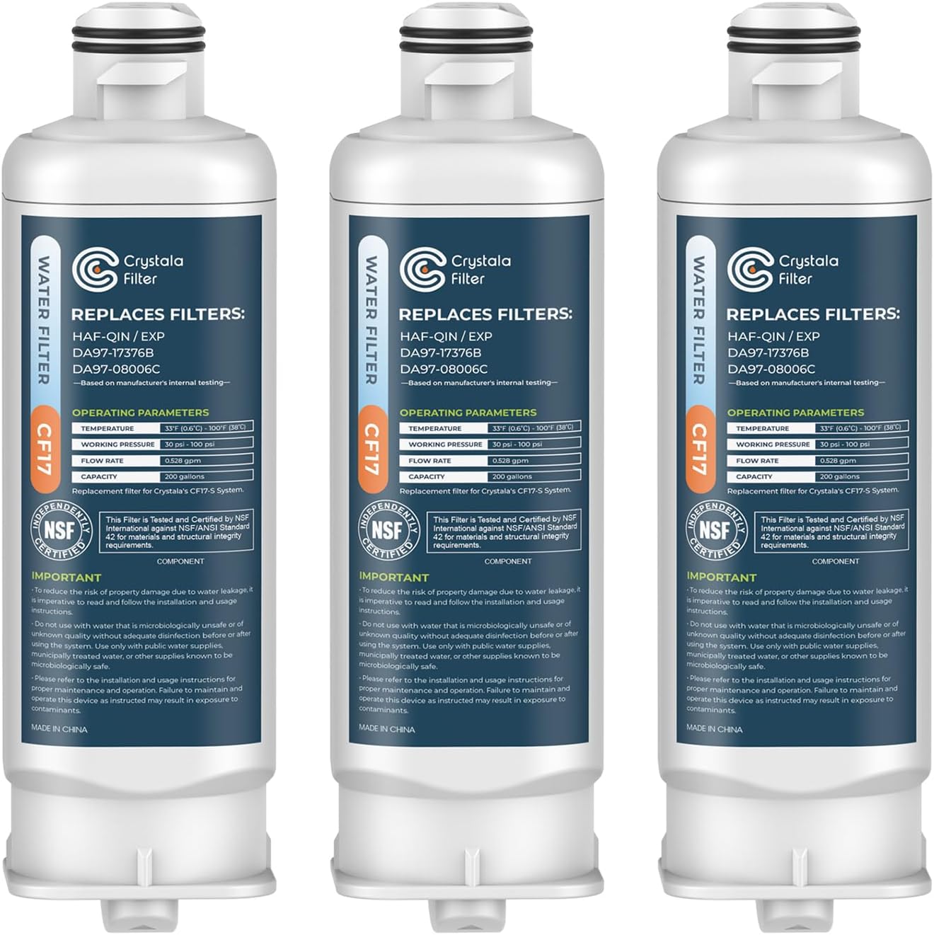 Crystala Filters Replacement for DA97-17376B Water Filter, NSF 42 Compatible with Samsung HAF-QIN, HAF-QIN/EXP, DA97-08006C, RF23M8070SG, RF23M8070SR, RF23M8090SG, RF23M8570SR (3 Pack)