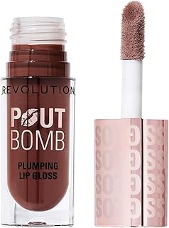Revolution Beauty, Pout Bomb Plumping Lip Gloss, High-Shine for Glossy, Fuller & Plump Lips with Hyaluronic Acid & Peptides, Vegan & Cruelty-Free, Espresso Cool Nude & Brown, 0.15 Fl Oz