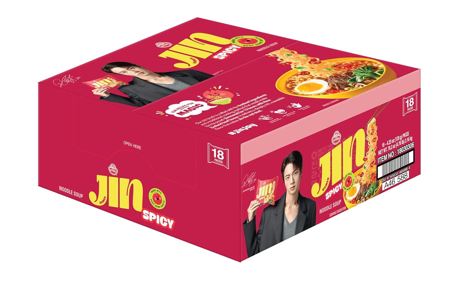 OTOKI Jin Ramen, BTS Jin & JIN RAMEN edition, Authentic Korean Instant Noodles, Rich and Savory Beef Broth, Quick and Easy Meal 4.23 oz x 18 Pack (1 Box) (PACK OF 18, SPICY)