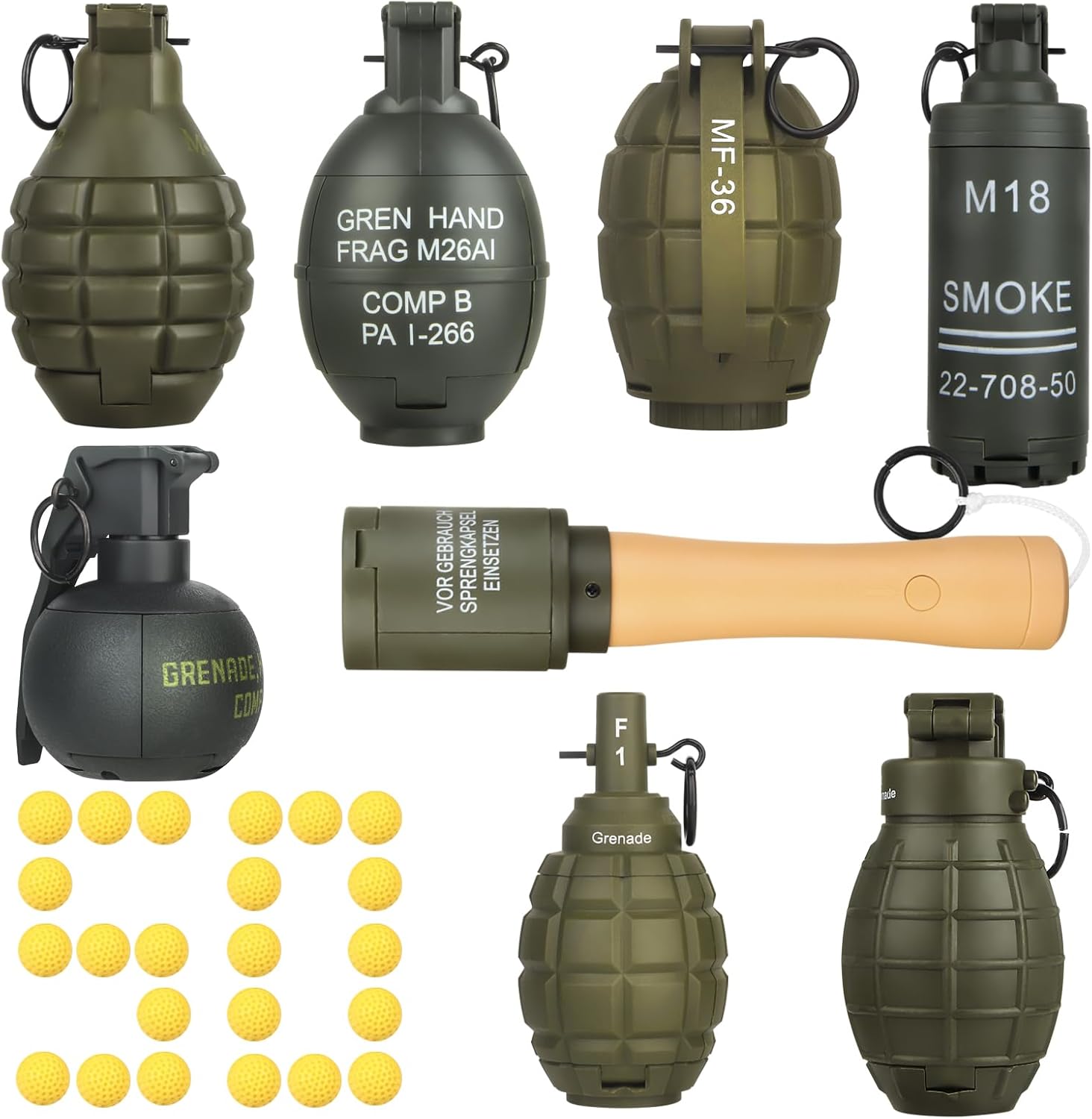Tactical Toy-Grenade for CS Battle Game,8Pcs Fall Resistant Refillable Fun Impact,Hand Fake Grenade Toy with 100 Foam Ammo for 14+ Outdoor Sport,Green