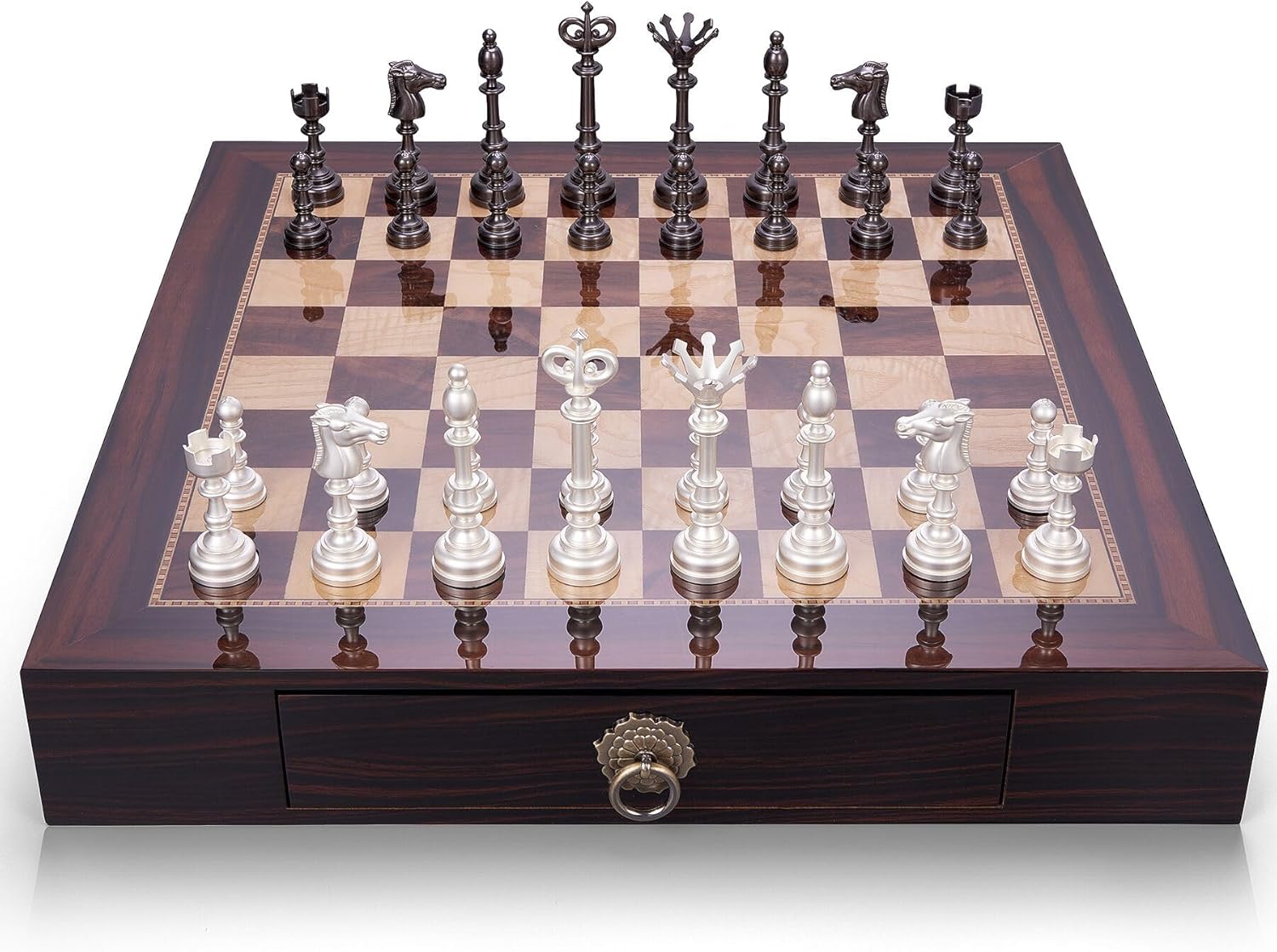 AMEROUS 20 Inches Wooden Chess Set with Metal Chess Pieces- 4.5'' King - 2 Built-in Storage Drawers - Gift Packaging,Tournament Chess Board Games for Adults and Kids