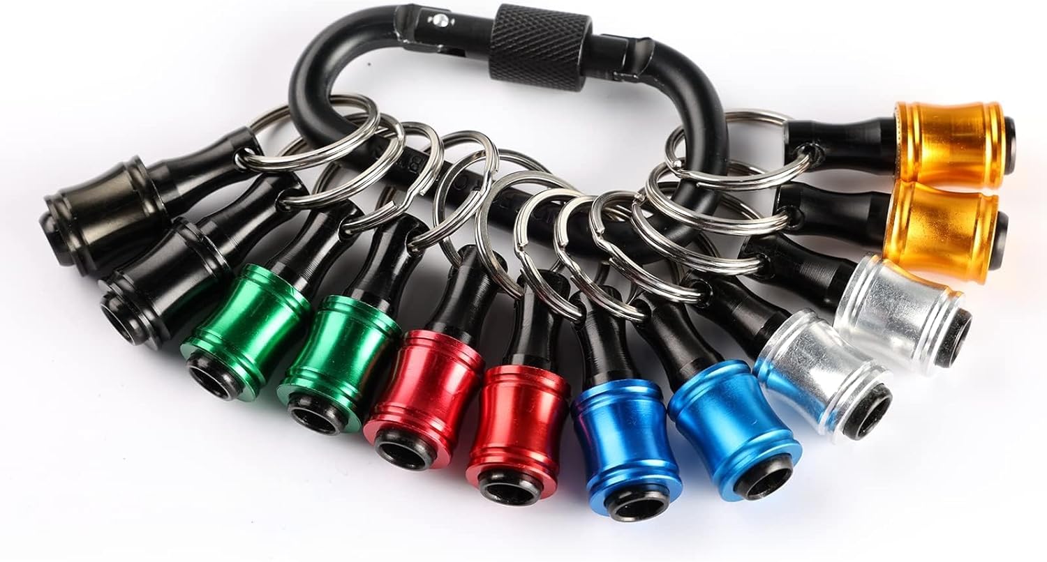 Katerk 12pc Portable Bit holder Key chain, 1/4 inch Hex Shank Screwdriver Bit Clip for Impact Driver Drill Bit Extension Nut Driver W/Black Carabiner, Quick Release Lightweight Drill Screw Adapter