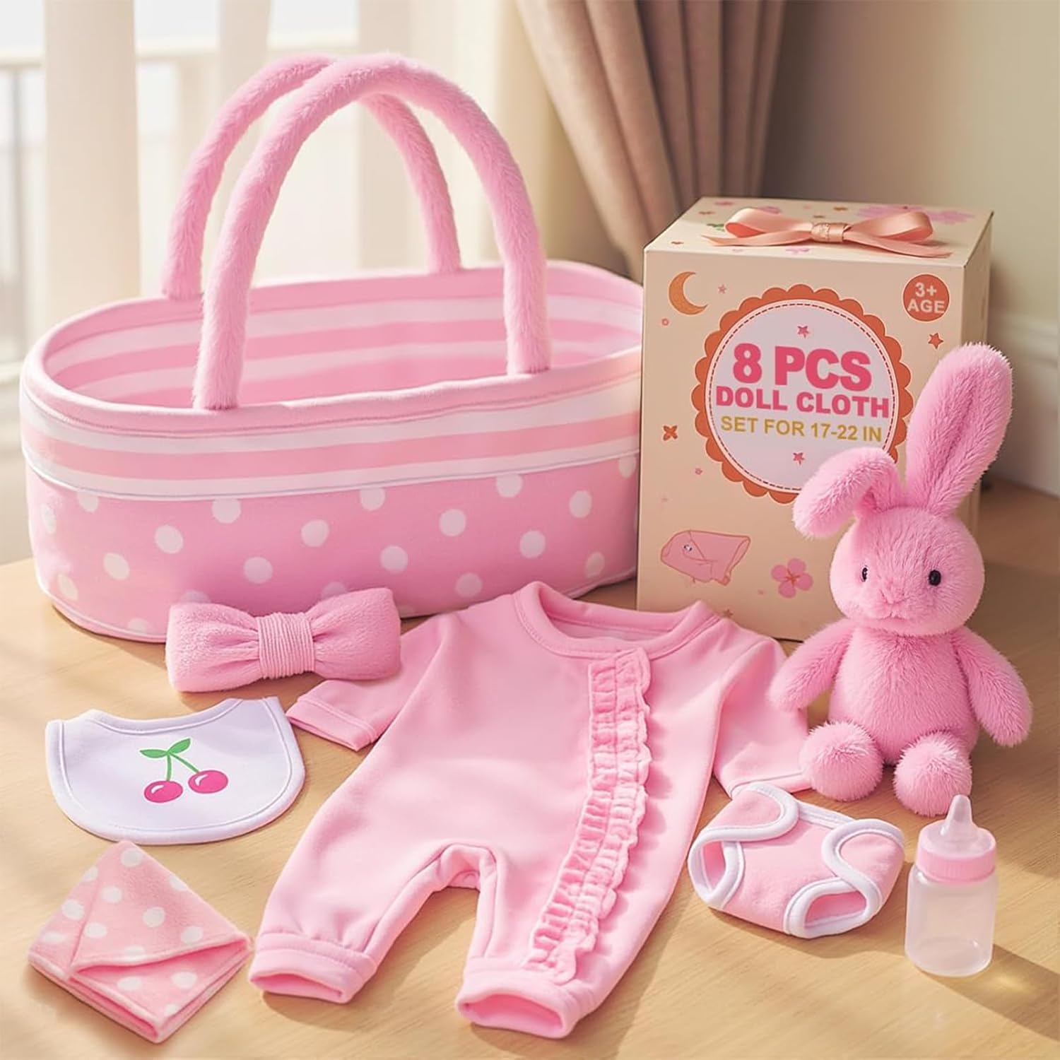 BABESIDE 8 Pcs Baby Doll Accessories, Reborn Baby Dolls Clothes with Bassinet for 17-22 Inch Baby Dolls, Outfit fit Newborn Babies Doll Girl, Babies Pretend Play Set (Not Doll)