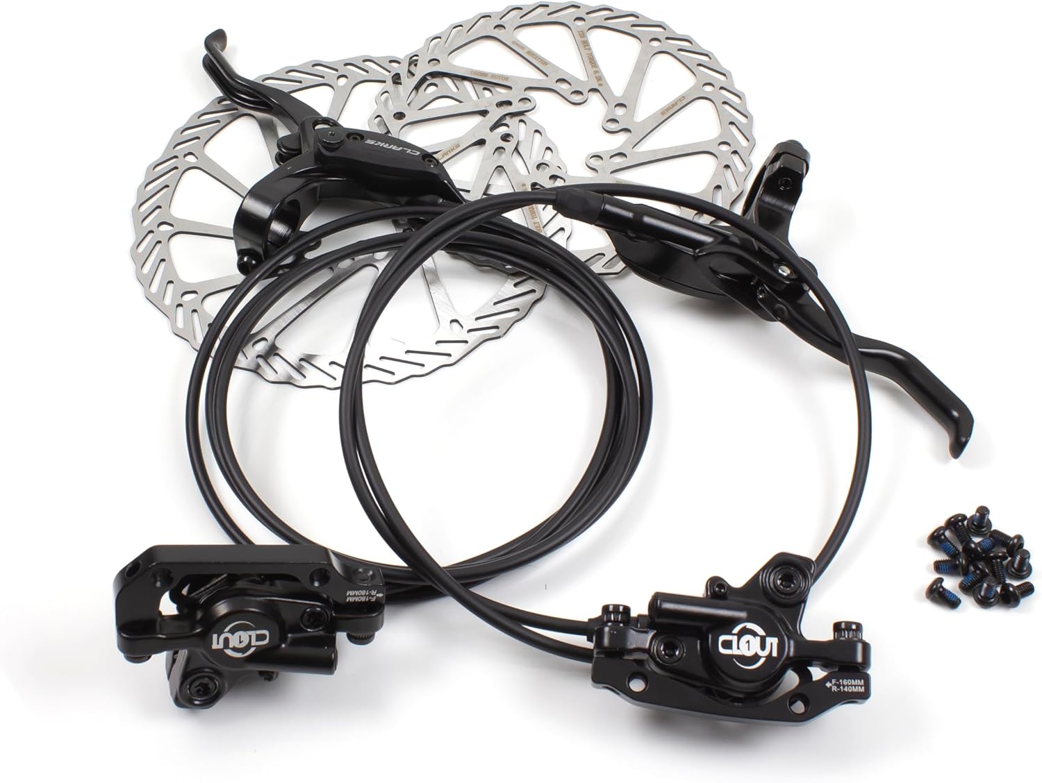 Clarks Cycle Systems Clout-1 Front & Rear Hydraulic Disc Brake Set, Including Rotors, Olives, IS Mounts