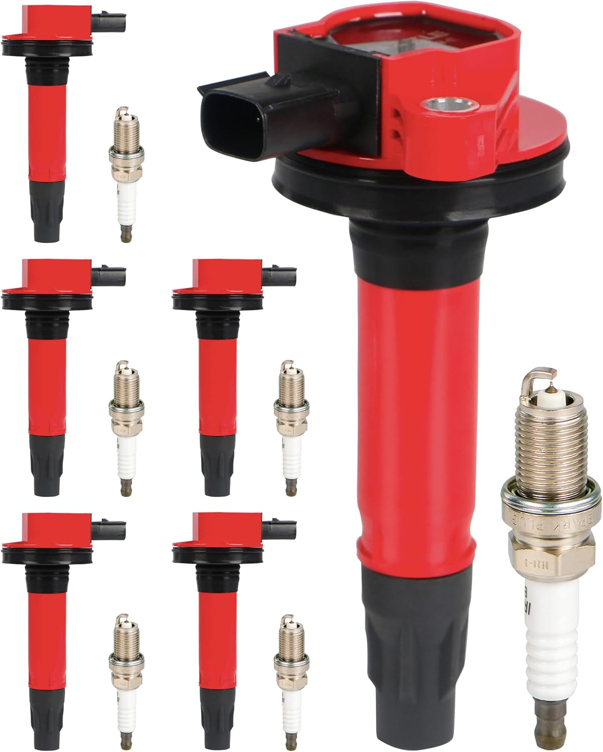 Ignition Coil Packs and Iridium Spark Plugs Fits for Ford Edge Flex Fusion Taurus X Lincoln MKS MKT MKZ MKX Mercury Sable 3.5L 3.7L V6 2007 2008 2009 2010 2011 2012, Set of 6, UF553 DG520,Red