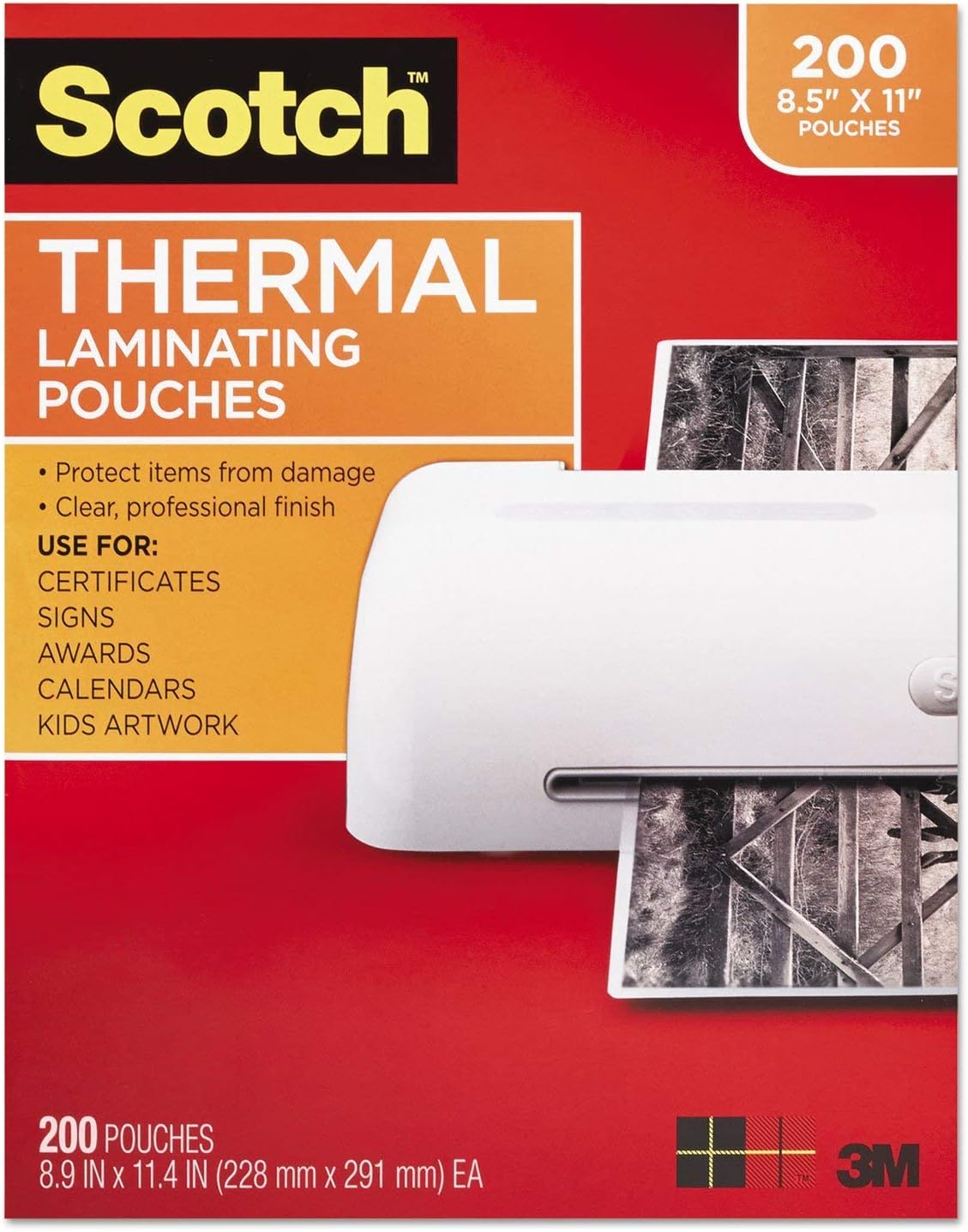 Scotch Thermal Laminating Pouches, 200-Pack, 8.9 x 11.4 Inches, Letter Size Sheets, Clear, 3-Mil (TP3854-200)