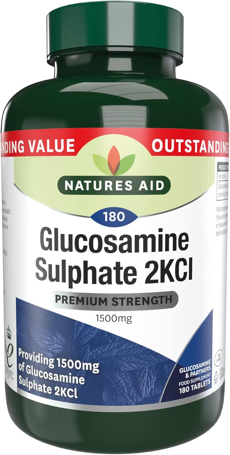 Natures Aid Glucosamine Sulphate 2KCl 1500mg – High Strength Joint Support – Helps Mobility & Flexibility – Non-GMO, Gluten-Free – Natural Supplement – 180 Tablets