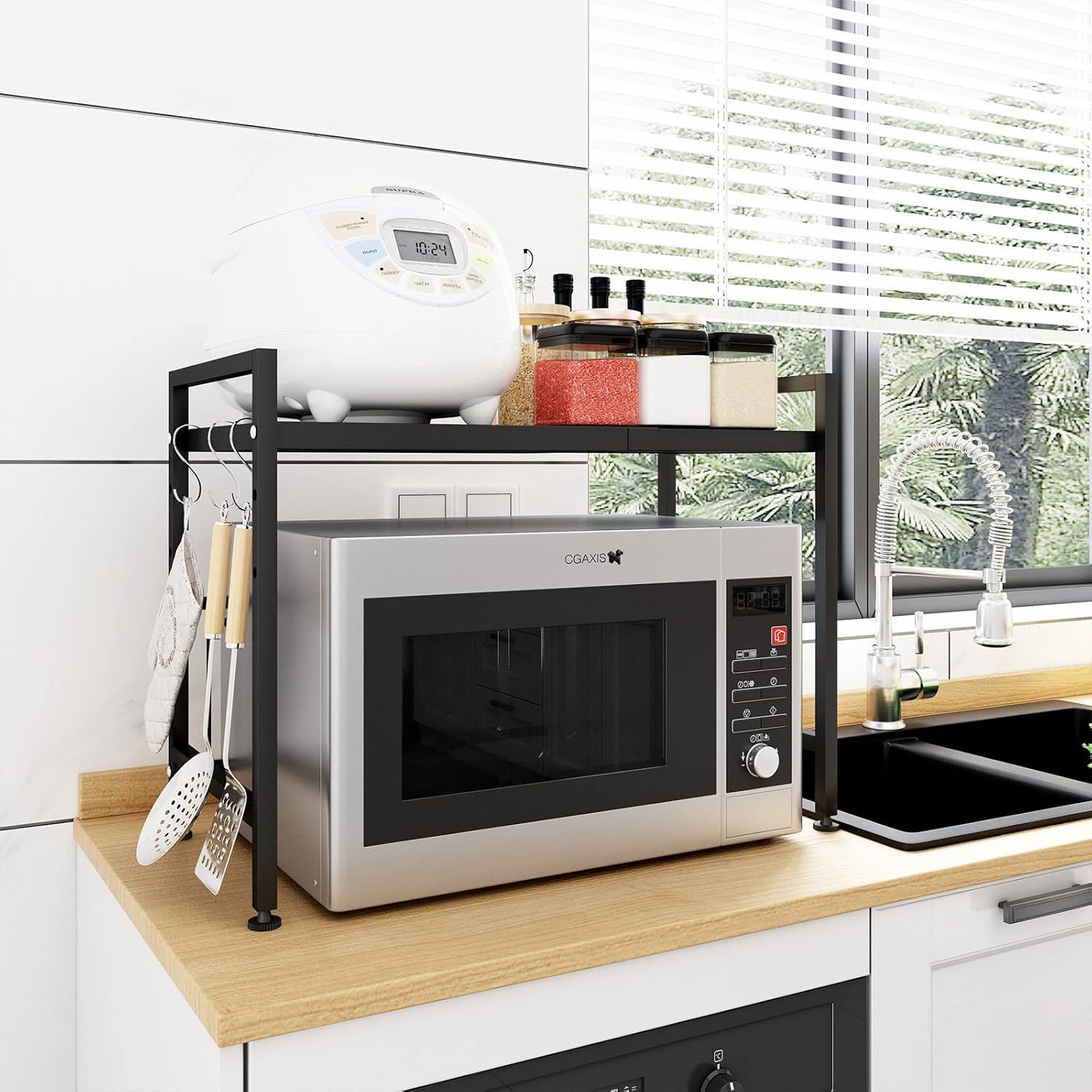 Mocosy Adjustable Microwave Stand, Expandable Kitchen Counter Shelves Organiser with Hooks, Heavy Duty Steel Standing Shelf Units for Microwave, Air Fryer, Oven Countertop Space Saving, 1 Tier