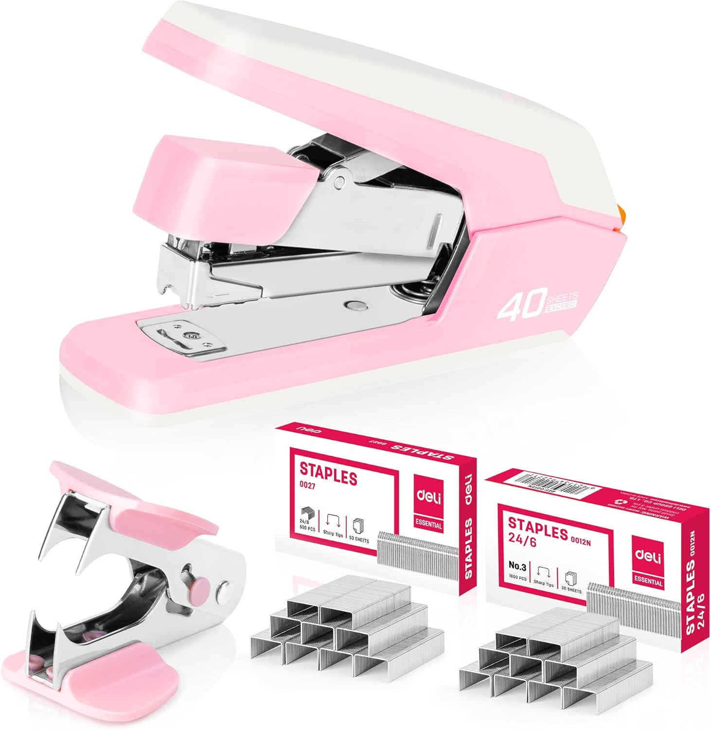 Deli Effortless Desktop Stapler, Heavy Duty Stapler, 40-50 Sheet Capacity, One Finger, No Effort, Includes 1500 Staples & Staple Remover, Pink