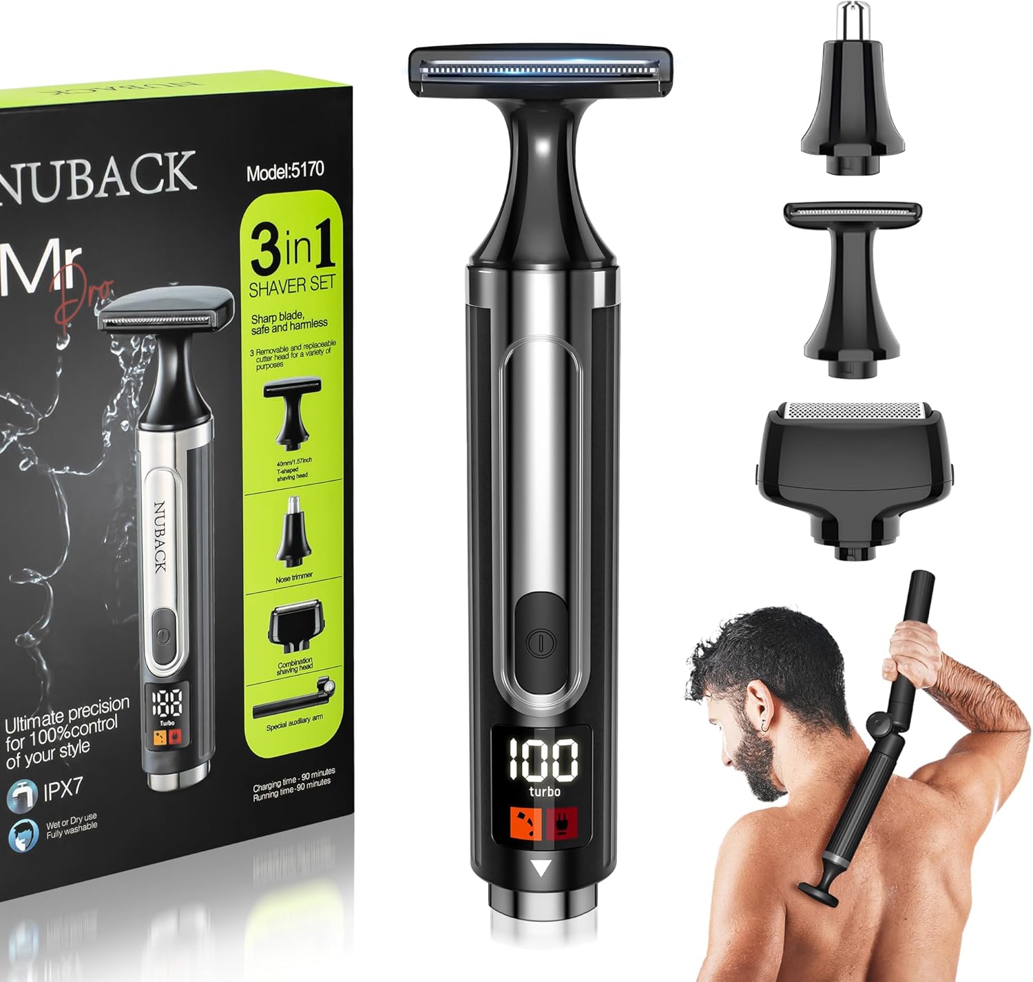 Electric Back Shaver for Men, 3 in 1 Mens Back Shaver, Cordless Back Hair Trimmer for Men with Extendable Long Handle, Self-Service Body Groomer Razor with Wider Blade(Deep Black
