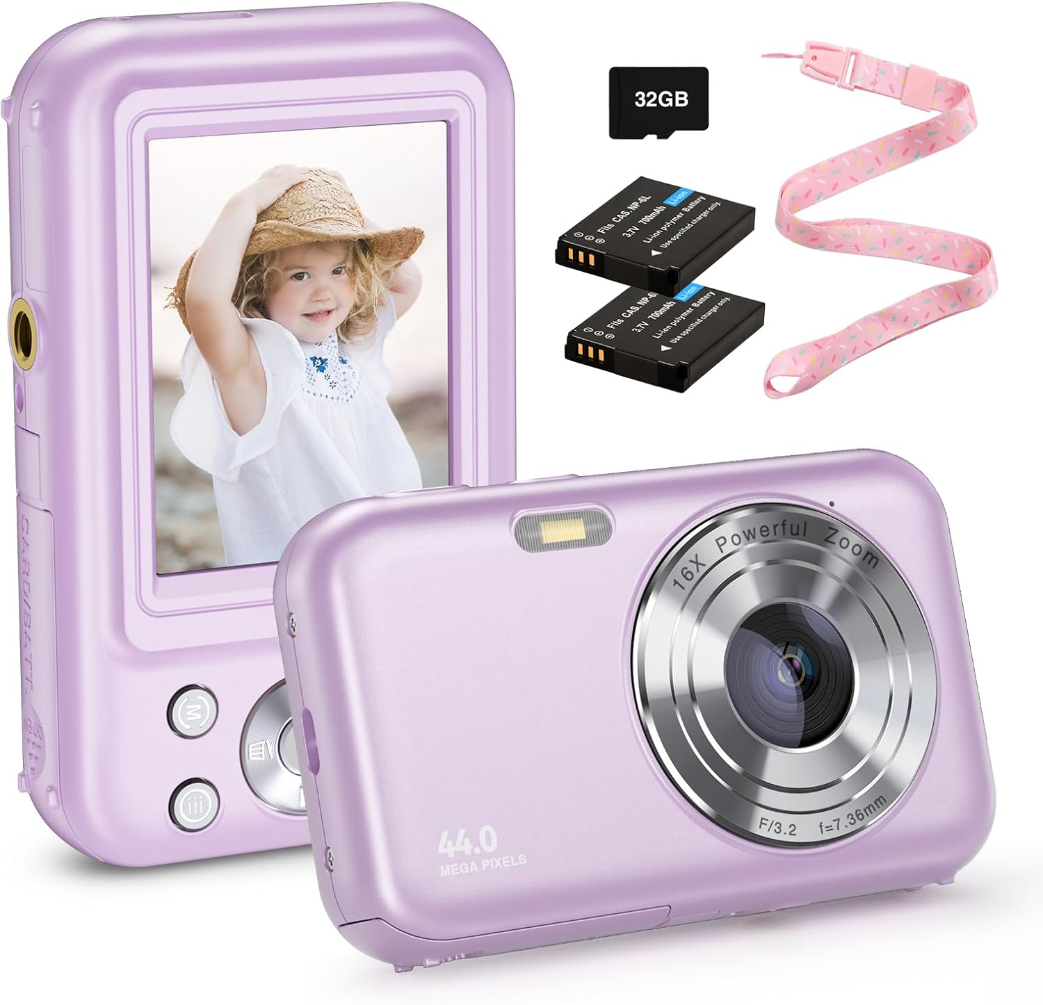 Purple Kids Camera - FHD 1080P, 44MP, 16X Zoom, Compact, Portable with 32G Card & 2 Batteries - Gift for Girls, Boys, Students, Teens