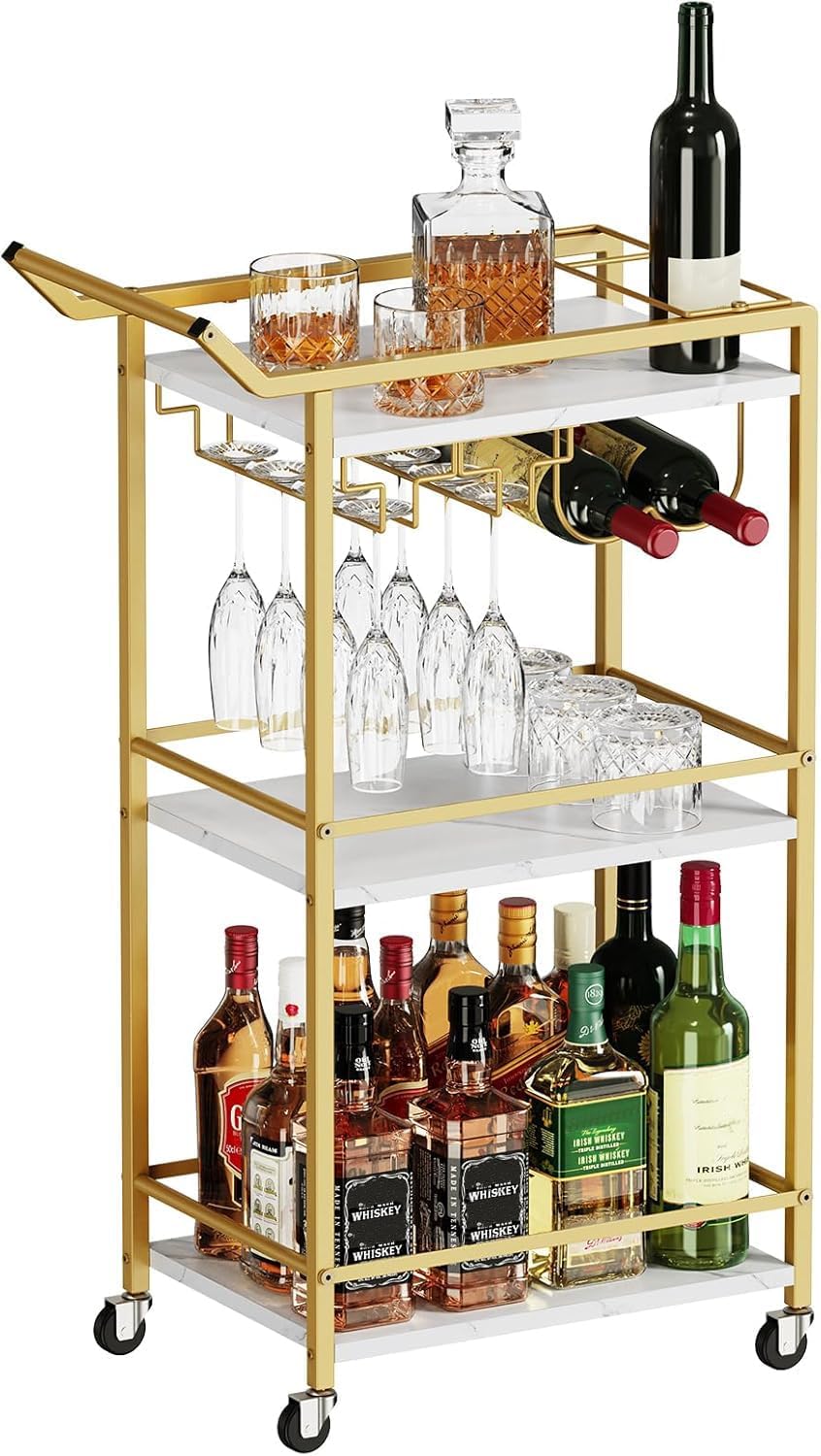 3 Tier Bar Cart, Mini Liquor Utility Cart for Wine Beverage Dinner Party, Rolling Wine Coffee Drink Serving Cart with Lockable Wheels for Home Kitchen Bars (Gold)