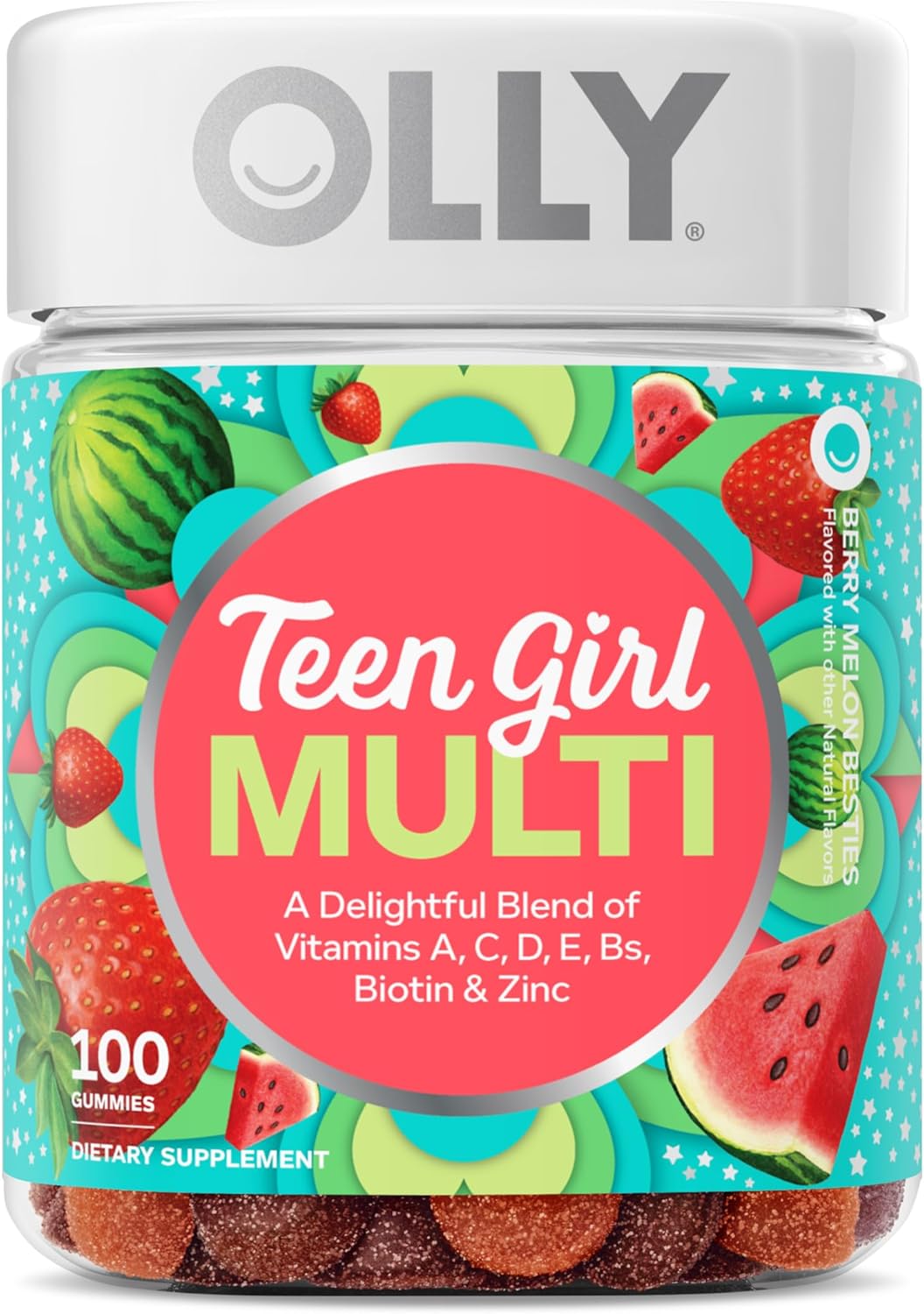 OLLY Teen Girl Multi Gummy, Healthy Skin and Immune Support*, Essential Vitamins, Biotin, Zinc, Chewable Multivitamin, Strawberry Melon Flavored, 50 Day Supply - 100 Count