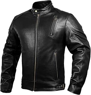 HWK Leather Motorcycle Jacket with Armor for Men, Cafe Racer Genuine Leather Jacket for Weather Resistant Enduro Motocross, Motorbike Riding, Easy Adjust Men's Motorcycle Jacket, X-Large