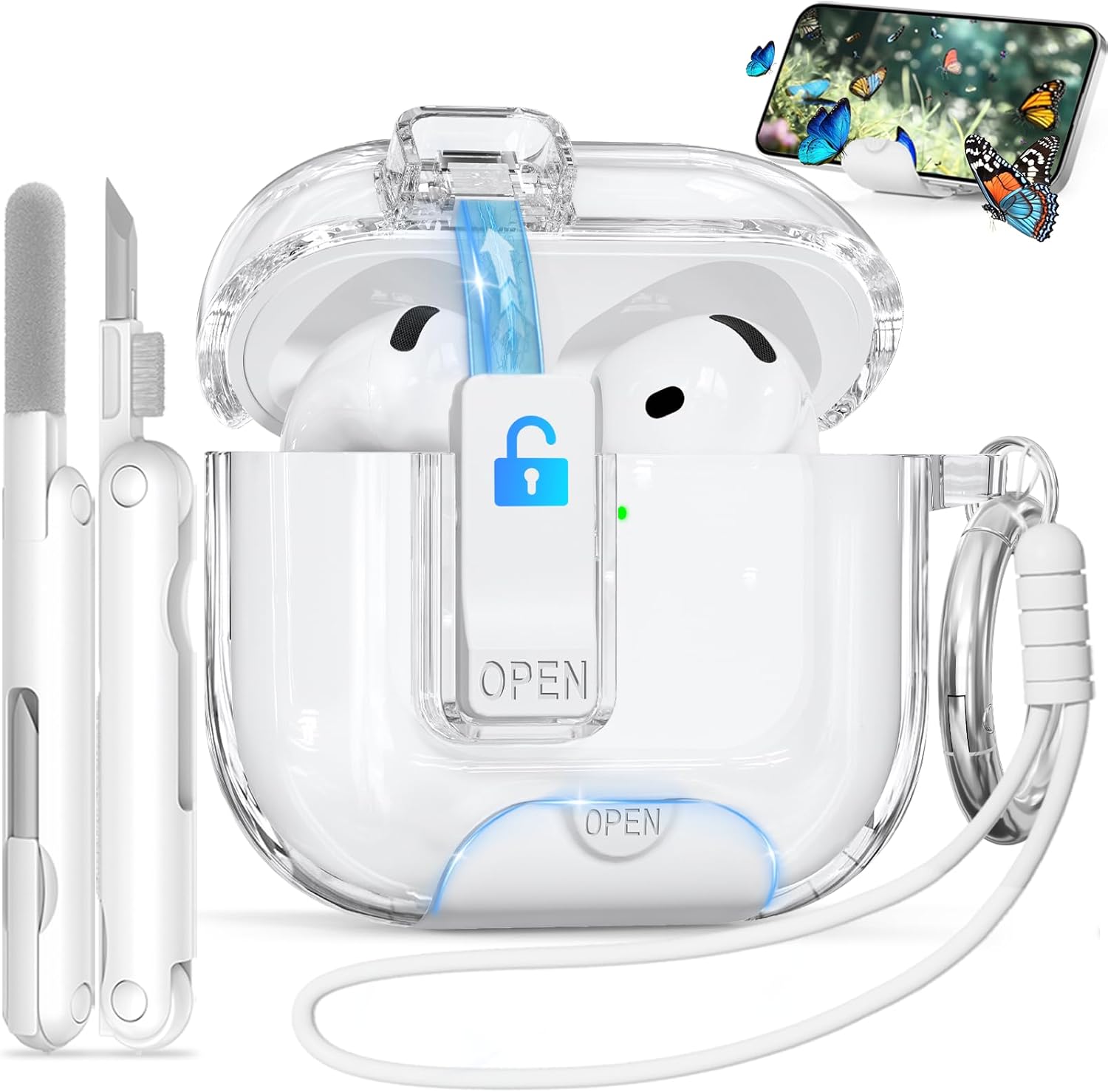 for AirPods 4 Case with Phone Stand & Secure Lock| Auto-Open Clear Cover Compatible with Apple AirPods 4th Gen 2024 (ANC/Non-ANC), with Cleaning Kit and Anti-Lost Keychain, Shockproof, Anti-Scratch