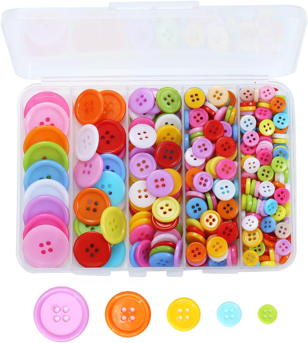 320 pcs Colorful Buttons for Crafts DIY, 5 Size Buttons for Sewing Flatback Button Bulk with Box 4 Holes Assorted Button for Crafts and Decoration (9-25mm)