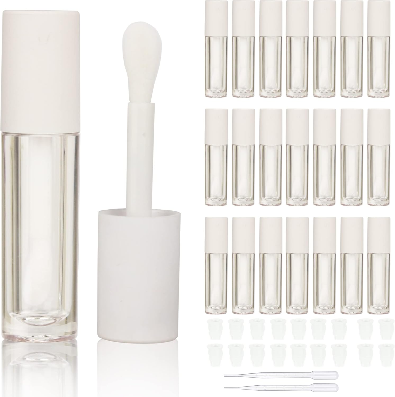 COSIDEA 24 pcs Empty 5ml big brush lip gloss tube White round lipgloss tubes container with big doe foot wand