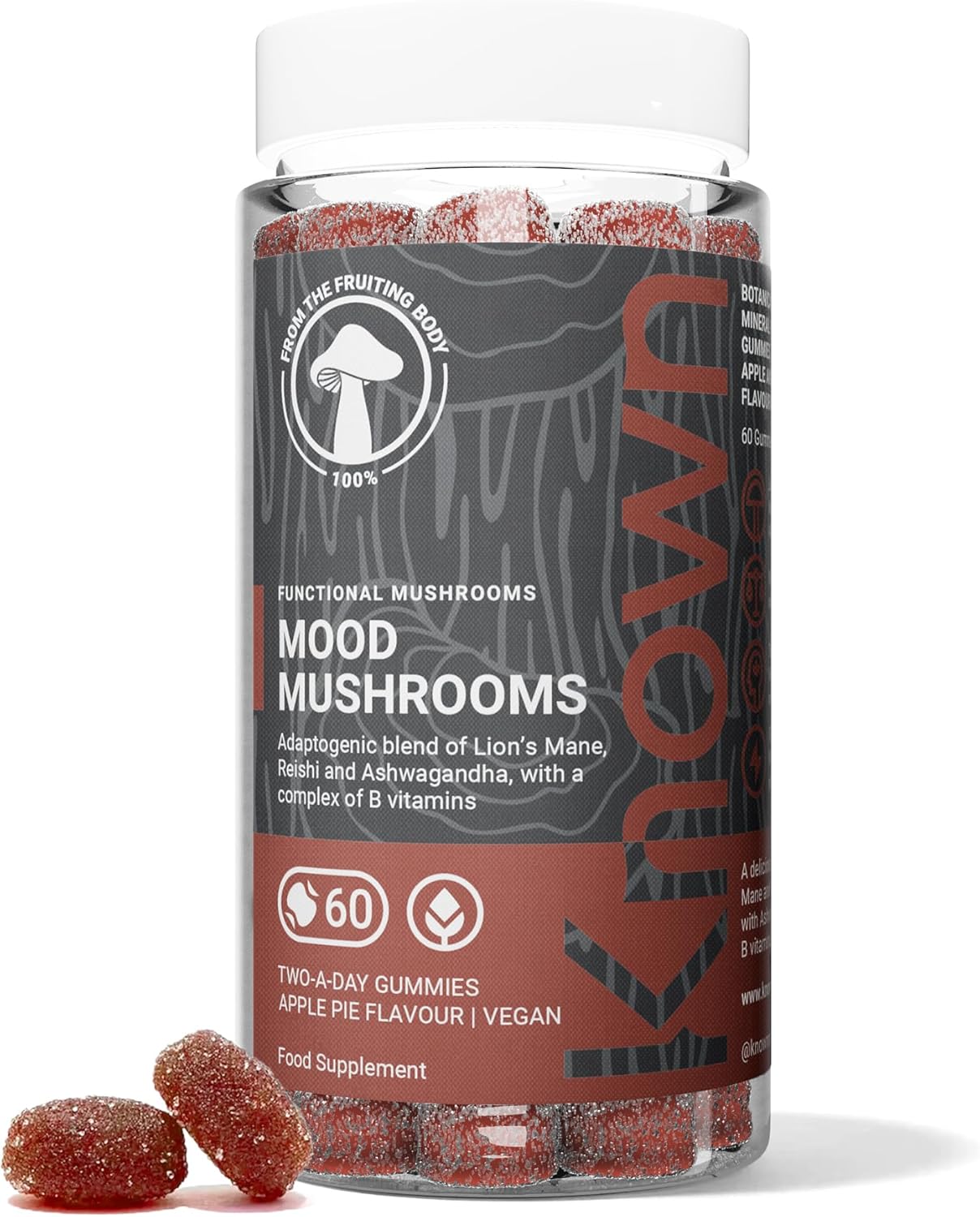 Known Mood Mushrooms Gummies - Lion’s Mane, B Vitamins - Brain Health & Hormone Balance - Natural Apple Pie Flavour - 60 Vegan Gummies, 1 Month Supply
