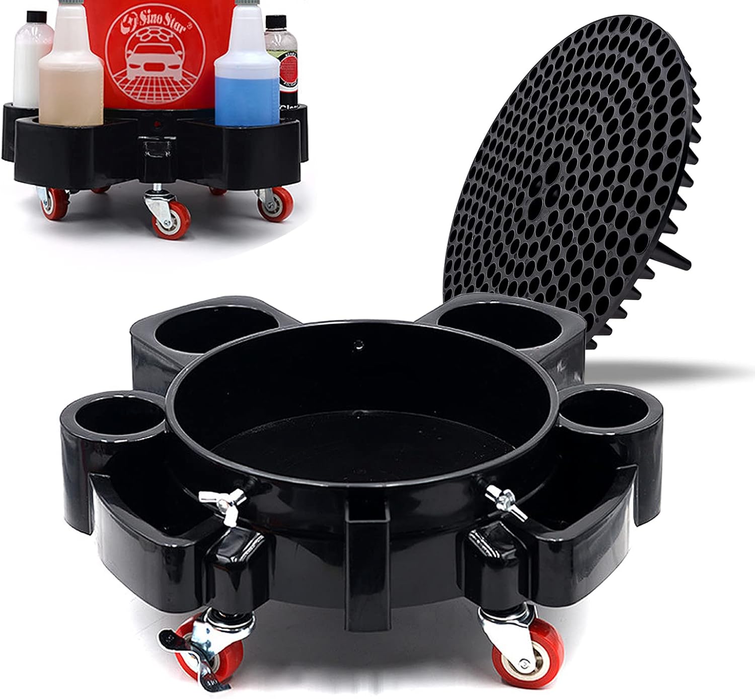 Bucket Dolly 5 Gallon Rolling Bucket Dolly with 5 Rolling Swivel Casters,Heavy Duty Rolling Dolly for Car Wash with Glove ＆ Sand Barrier Net for Car Washing, Detailing, Garage
