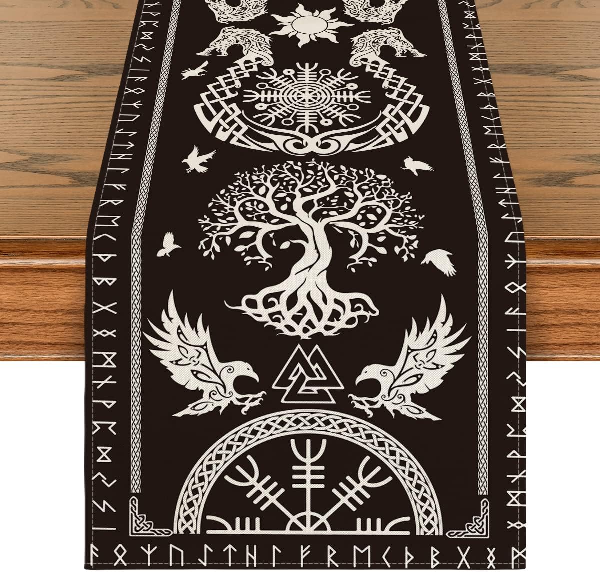 Artoid Mode Black Viking Tree of Life Raven Helm of Awe Table Runner, Seasonal Kitchen Dining Table Decoration for Home Party Decor 40x140 cm