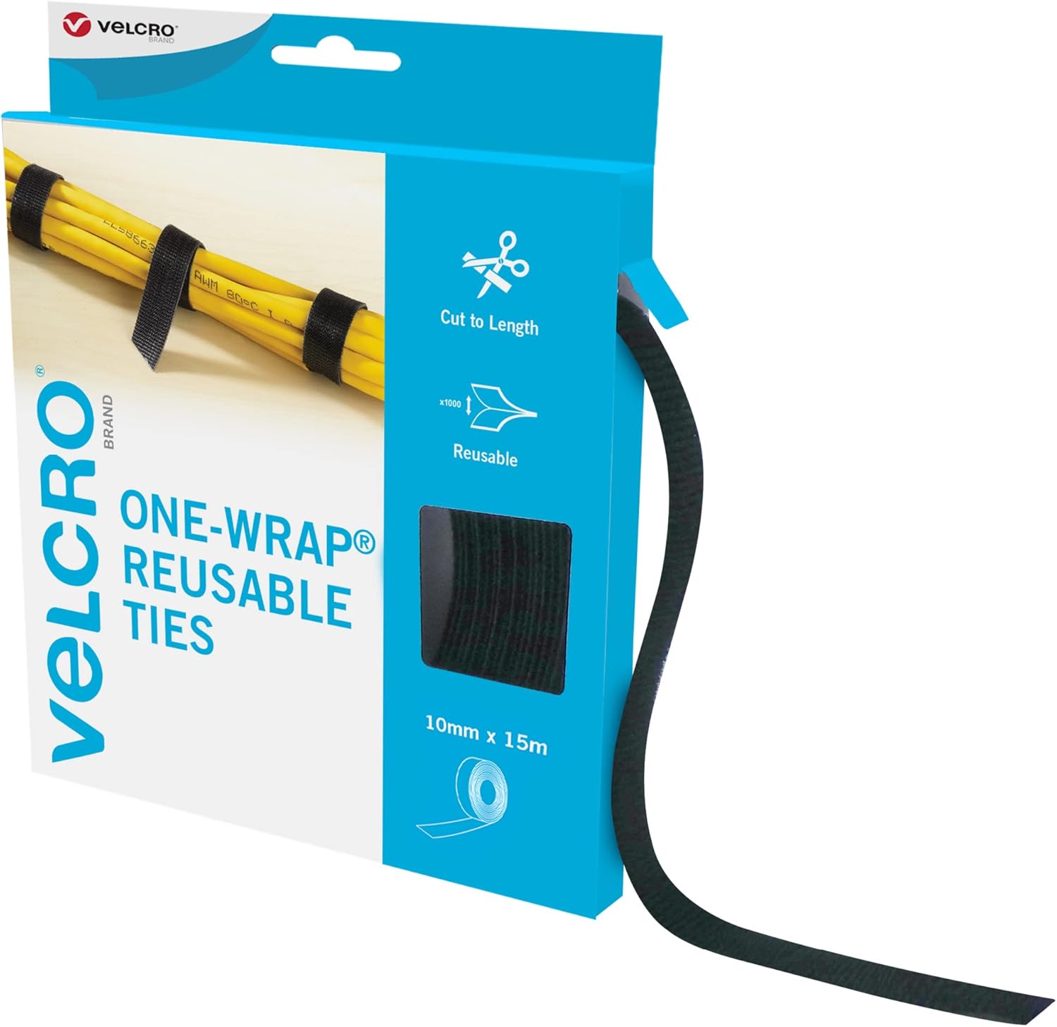 VELCRO Brand | One-Wrap Reusable Ties | Multi-Purpose Ties Perfect Desk Accessories for Cable Management & Home Improvement | Black | 10mm x 15m