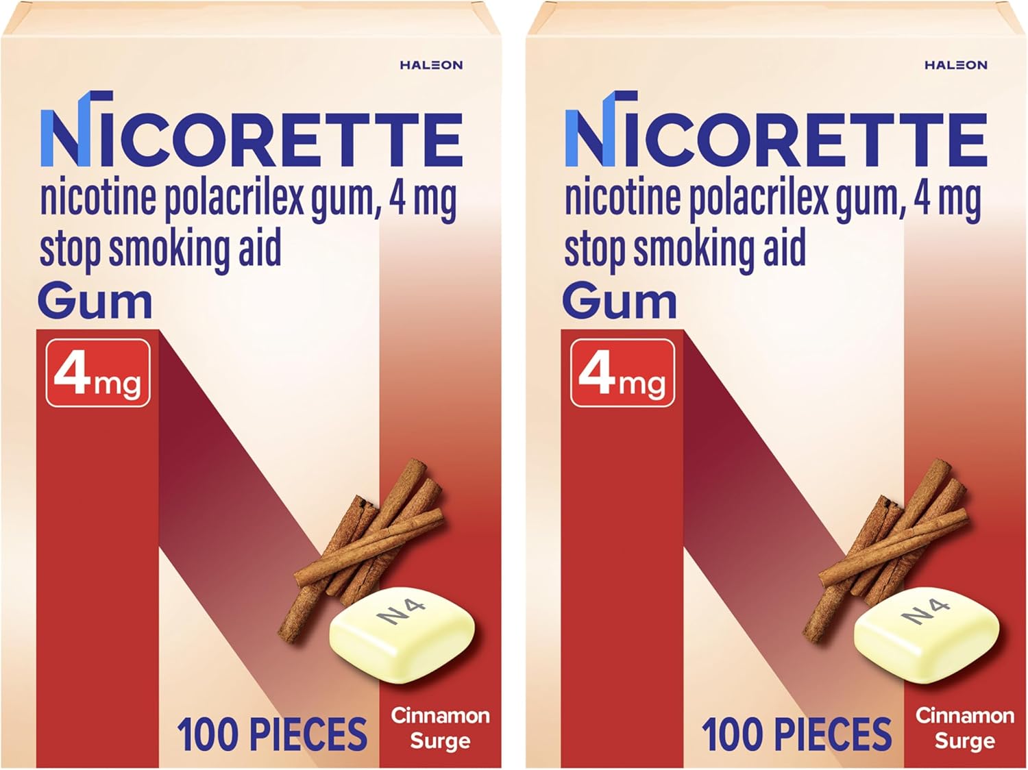 Nicorette Nicotine Gum Stop Smoking Aid, 4 mg, Cinnamon Surge Flavor - 2x100 Count