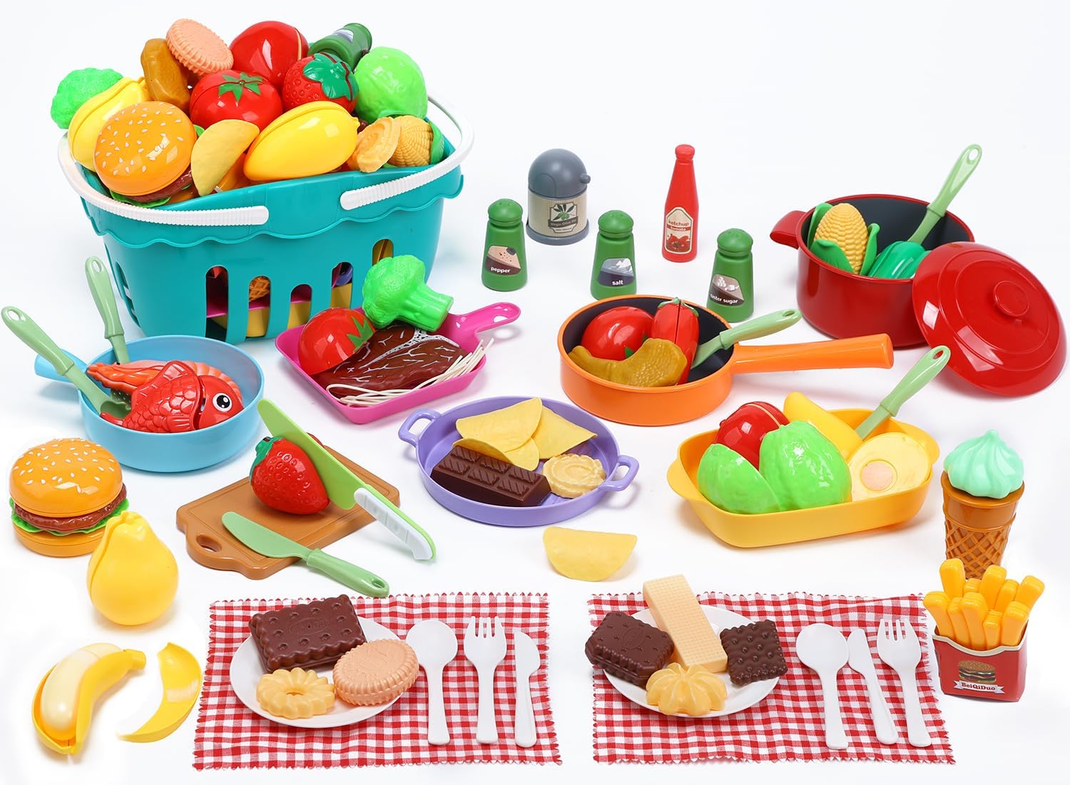 CUTE STONE Cooking Toys for Kids Kitchen Playset, Kids Pots and Pans Set with Play Food and Storage Basket, Play Kitchen Accessories Toys, Toddler Cooking Set, Learning Kitchen Toy Gift for Girls Boys