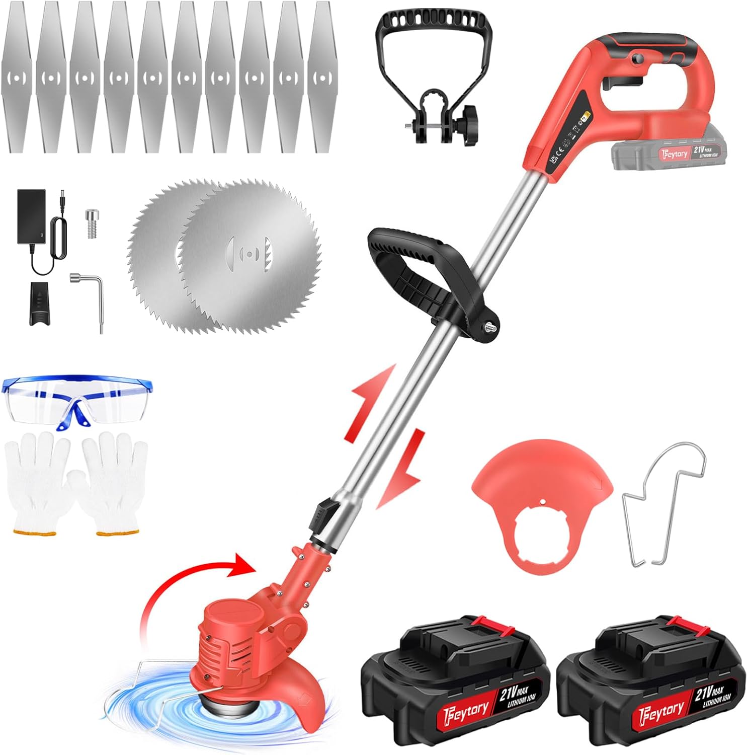 Grass Trimmer | Lightweight Cordless Strimmer | Powerful 10000 RPM | Height Adjustable | 21V Lithium Battery 60 Mins Runtime | 12 Metal Blades | for Lawn Edger Pruning Weed, Red