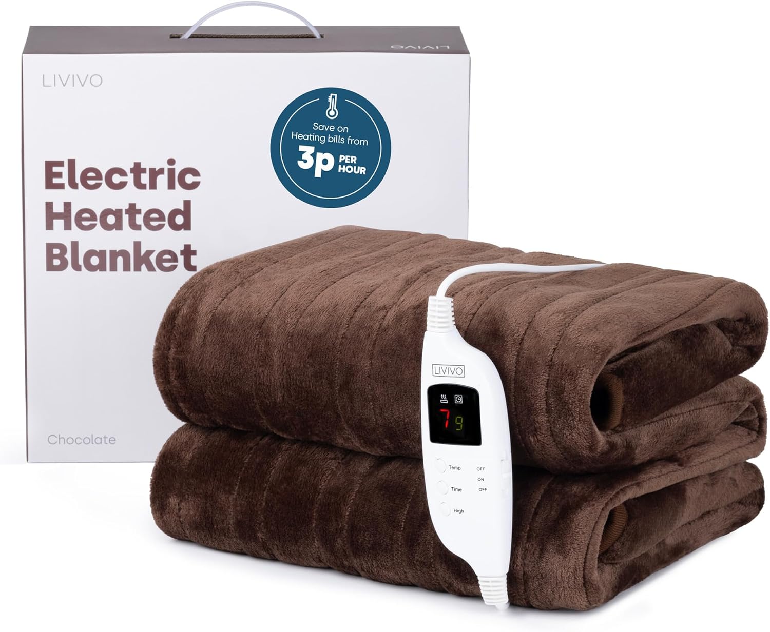 LIVIVO Heated Electric Over Blanket – Soft Chocolate Micro Fleece Throw with 10 Heat Settings and Timer Function – 160x130cm - Easy to Use Detachable Digital Control - Machine Washable (Chocolate)